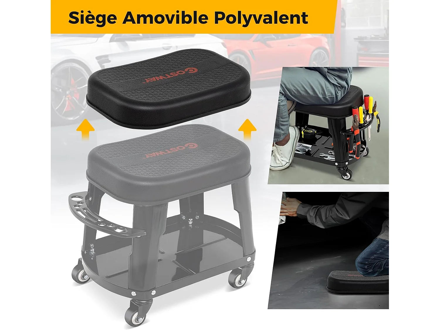 Tabouret d'Atelier Roulant avec Rangement, Siège de Mécanicien Amovible avec Plateau d'Equipement Porte-Outils Charge 136 kg, pour Garage Atelier, Noir