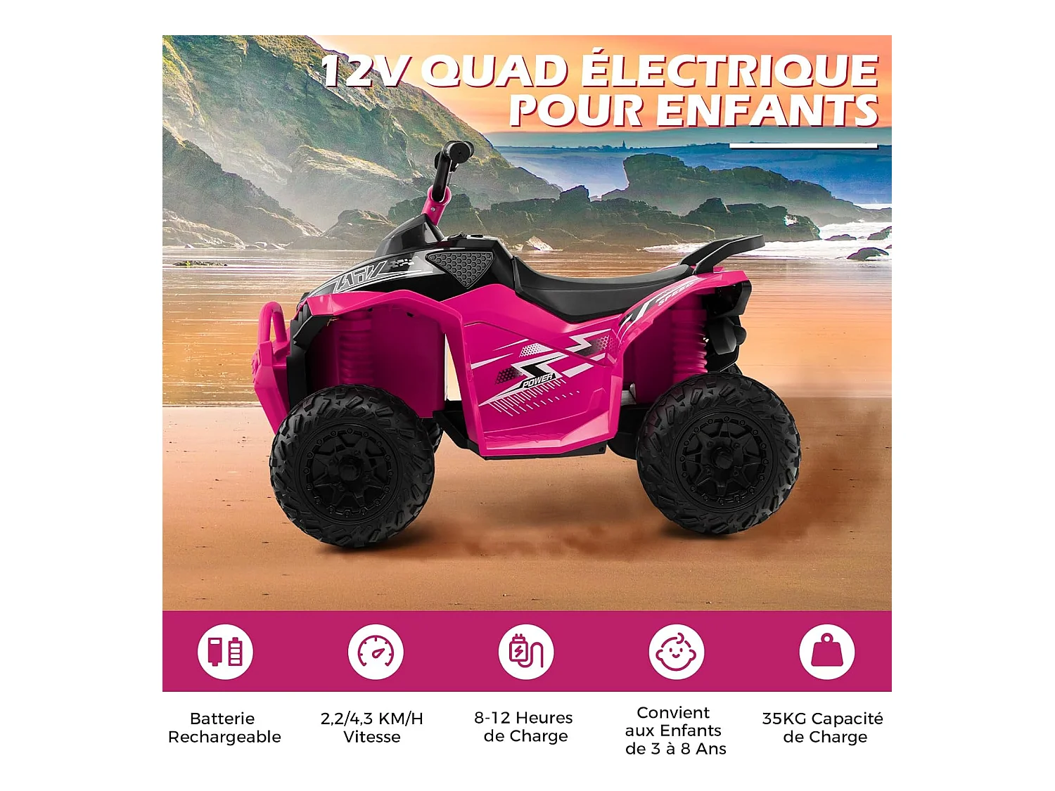 12V Quad Électrique Enfant avec Phares & Musique & Klaxon, Voiture Électrique avec Pédale & Guidon Antidérapant, 2,2/4,3 KM/H, Charge 35kg pour 3-8 Ans (Rose)