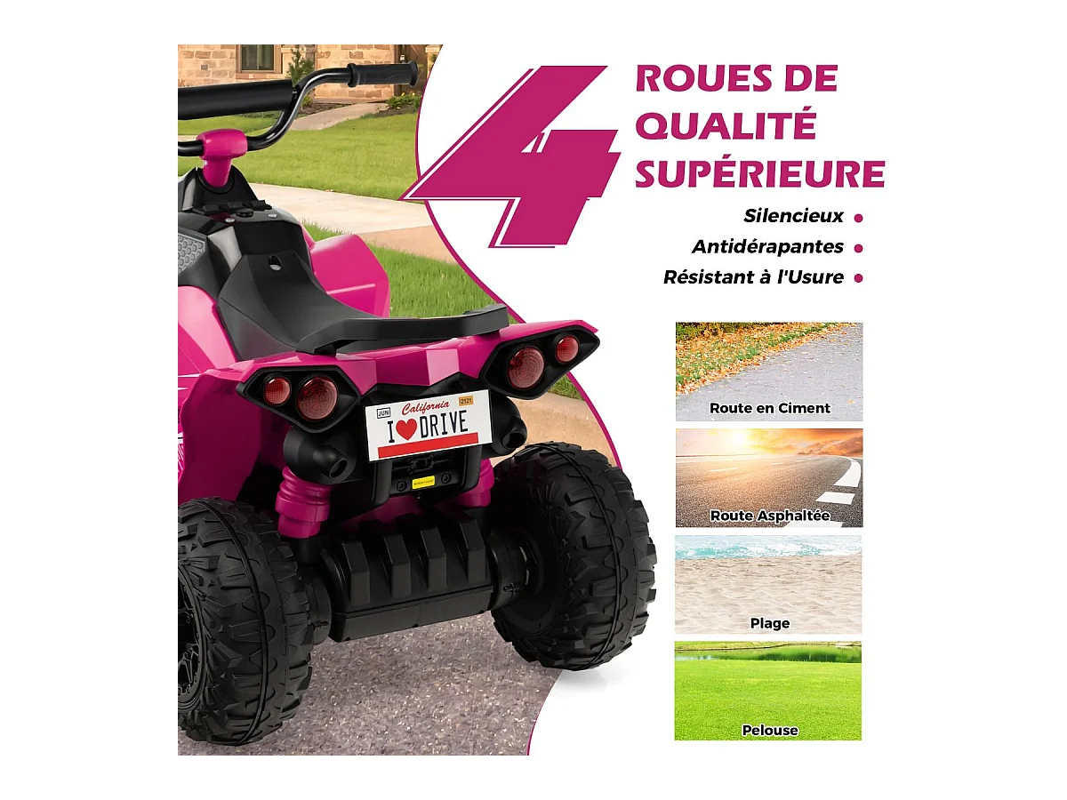 12V Quad Électrique Enfant avec Phares & Musique & Klaxon, Voiture Électrique avec Pédale & Guidon Antidérapant, 2,2/4,3 KM/H, Charge 35kg pour 3-8 Ans (Rose)