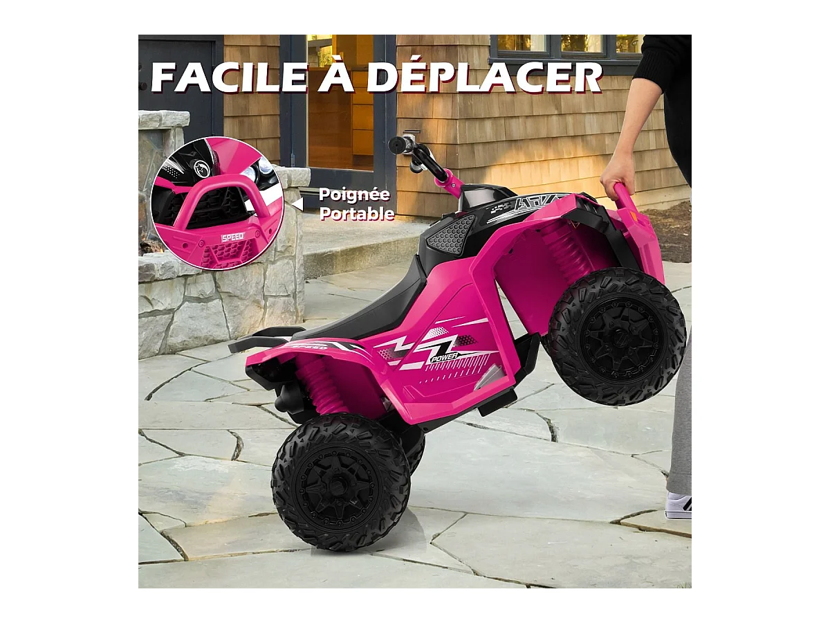 12V Quad Électrique Enfant avec Phares & Musique & Klaxon, Voiture Électrique avec Pédale & Guidon Antidérapant, 2,2/4,3 KM/H, Charge 35kg pour 3-8 Ans (Rose)