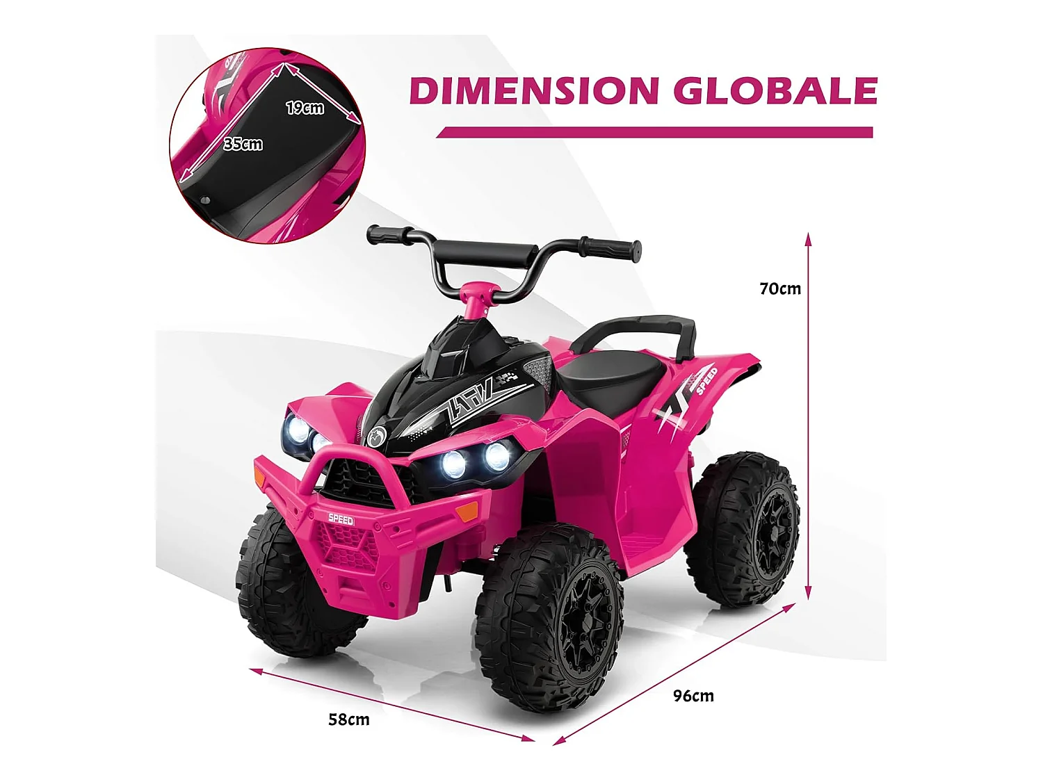 12V Quad Électrique Enfant avec Phares & Musique & Klaxon, Voiture Électrique avec Pédale & Guidon Antidérapant, 2,2/4,3 KM/H, Charge 35kg pour 3-8 Ans (Rose)