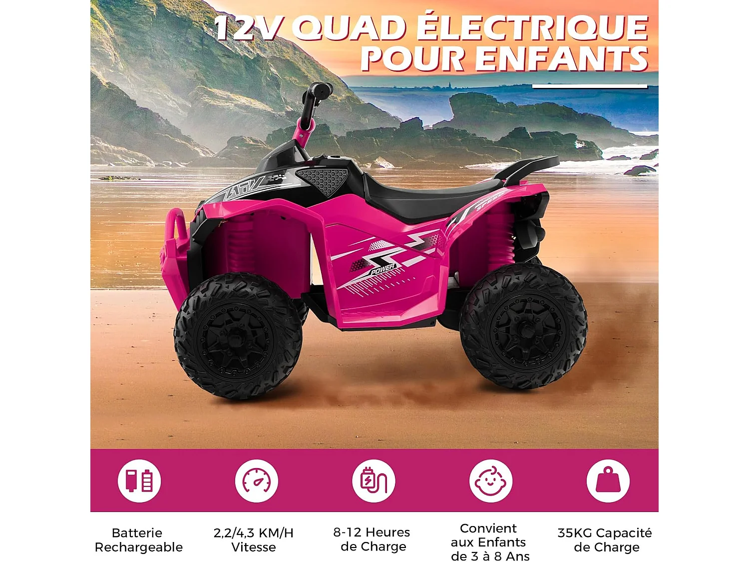12V Quad Électrique Enfant avec Phares & Musique & Klaxon, Voiture Électrique avec Pédale & Guidon Antidérapant, 2,2/4,3 KM/H, Charge 35kg pour 3-8 Ans (Rose)