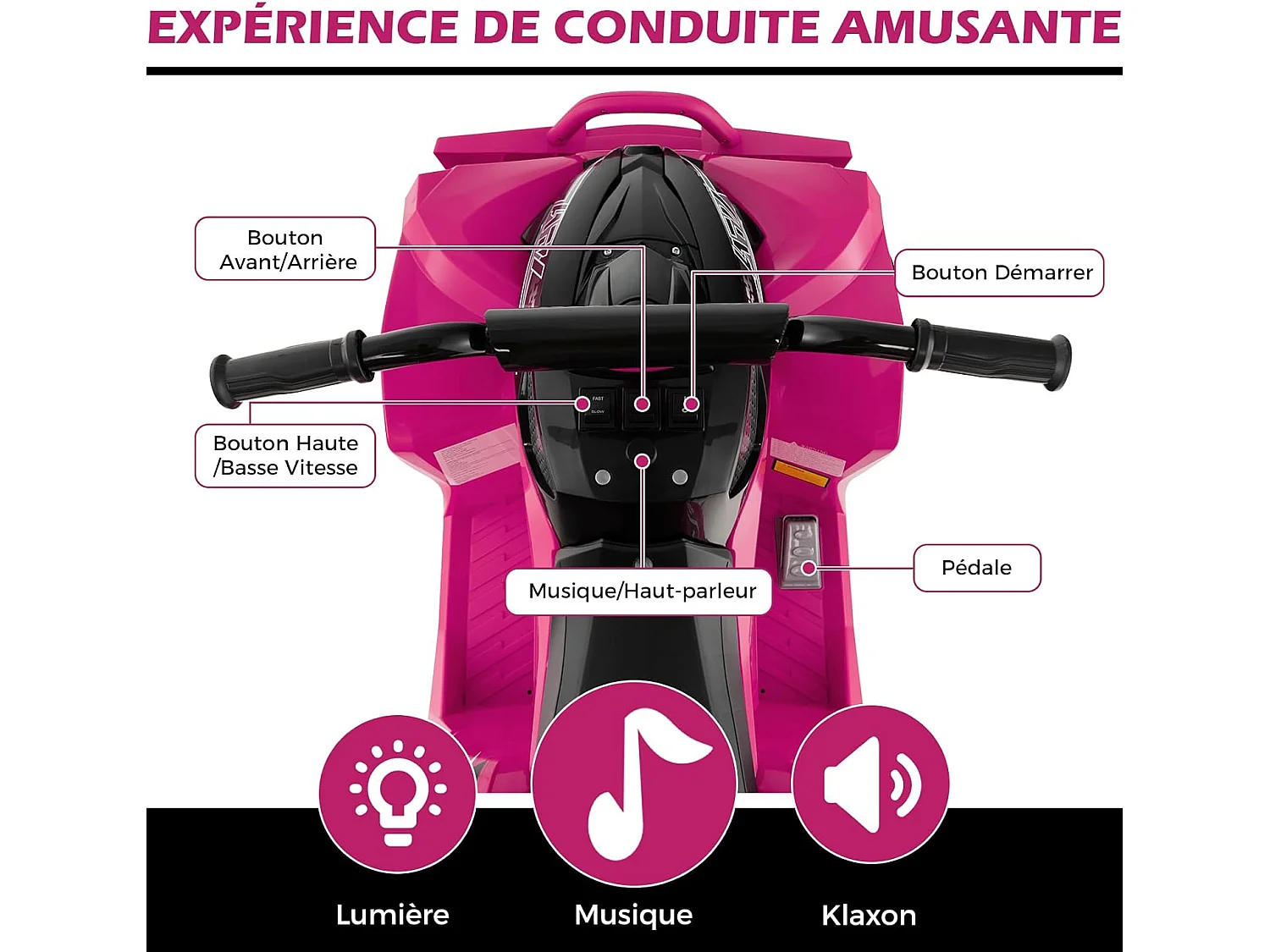 12V Quad Électrique Enfant avec Phares & Musique & Klaxon, Voiture Électrique avec Pédale & Guidon Antidérapant, 2,2/4,3 KM/H, Charge 35kg pour 3-8 Ans (Rose)