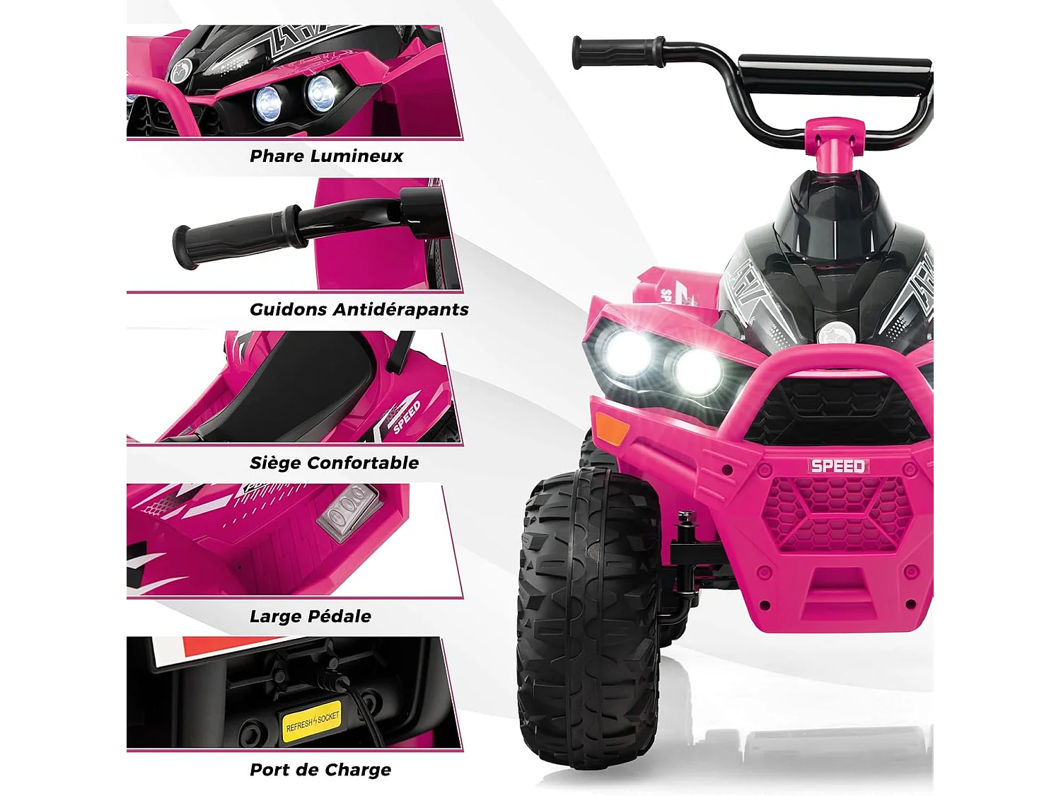 12V Quad Électrique Enfant avec Phares & Musique & Klaxon, Voiture Électrique avec Pédale & Guidon Antidérapant, 2,2/4,3 KM/H, Charge 35kg pour 3-8 Ans (Rose)