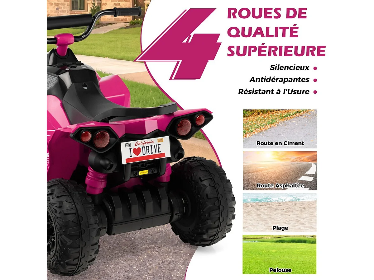 12V Quad Électrique Enfant avec Phares & Musique & Klaxon, Voiture Électrique avec Pédale & Guidon Antidérapant, 2,2/4,3 KM/H, Charge 35kg pour 3-8 Ans (Rose)