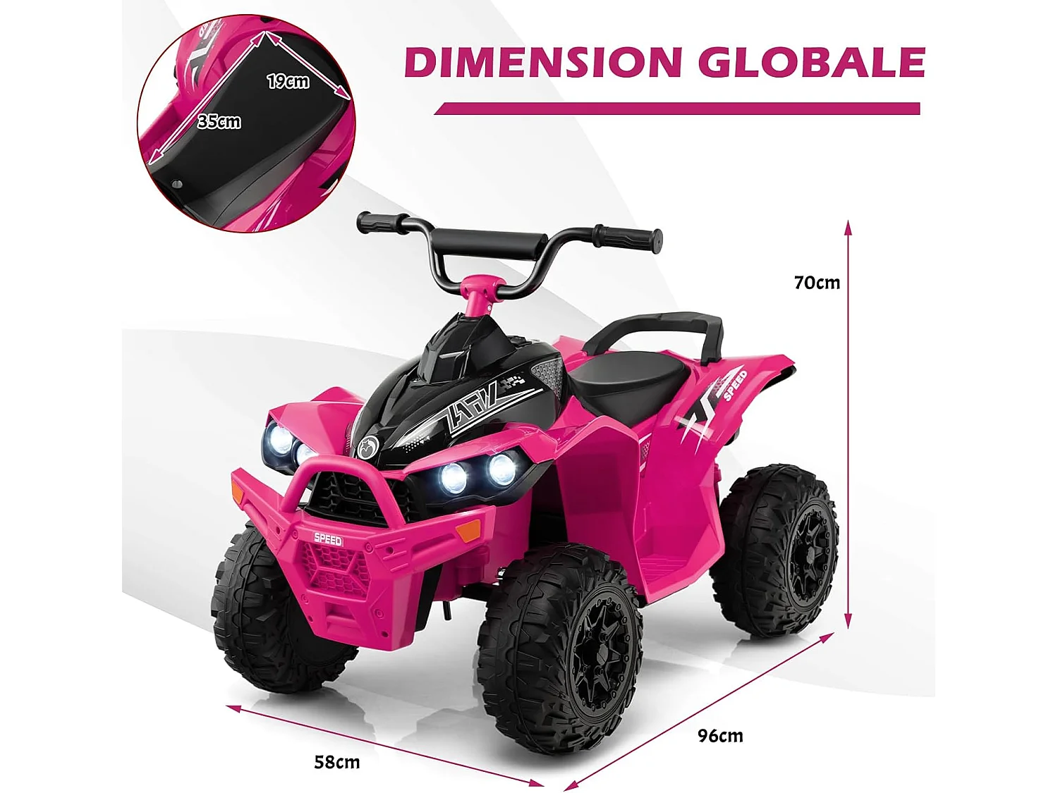 12V Quad Électrique Enfant avec Phares & Musique & Klaxon, Voiture Électrique avec Pédale & Guidon Antidérapant, 2,2/4,3 KM/H, Charge 35kg pour 3-8 Ans (Rose)