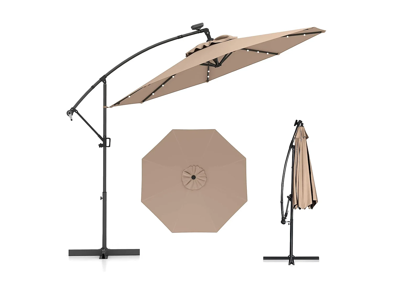 Parasol Déporté Excentré 3M, 32 LED Solaire, Inclinable et Rotation à 360°, 8 Baleines, Base Croisée, Parasol à Manivelle pour Jardin, Terrasse, Bord de Piscine