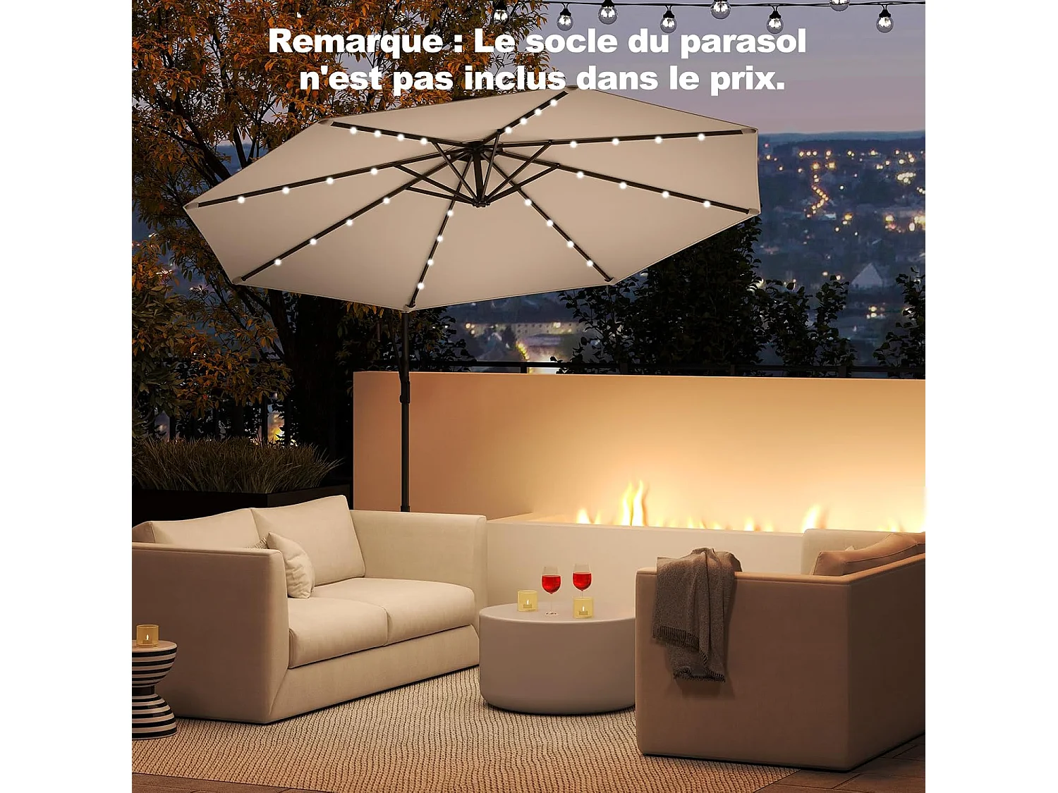 Parasol Déporté Excentré 3M, 32 LED Solaire, Inclinable et Rotation à 360°, 8 Baleines, Base Croisée, Parasol à Manivelle pour Jardin, Terrasse, Bord de Piscine