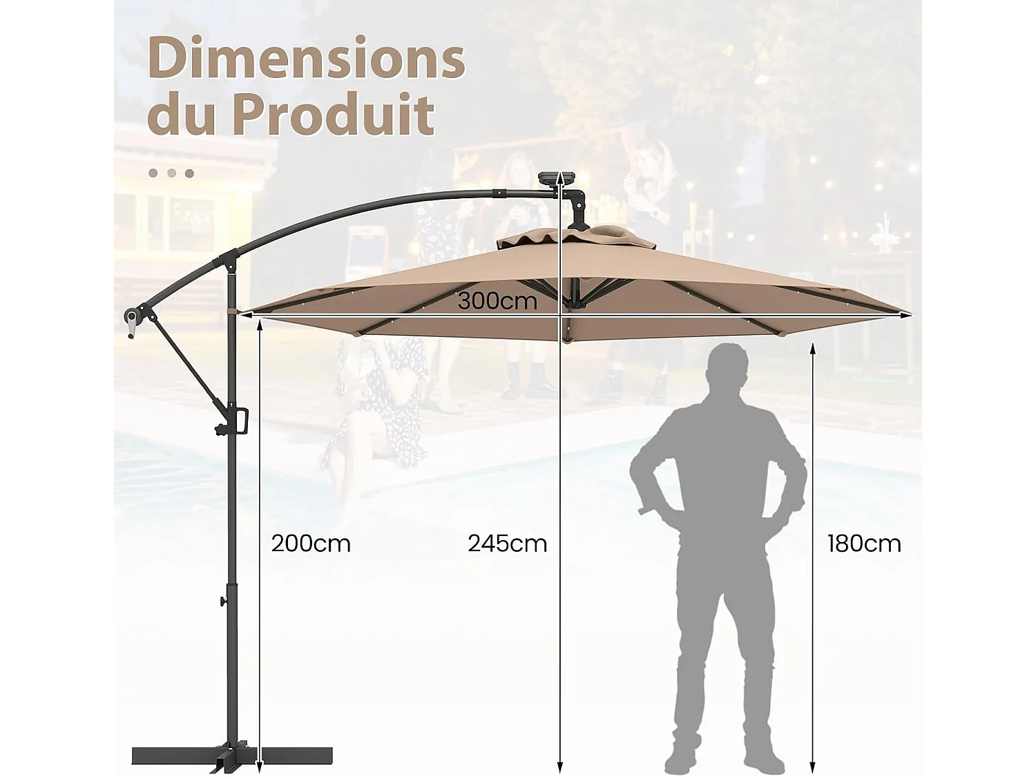 Parasol Déporté Excentré 3M, 32 LED Solaire, Inclinable et Rotation à 360°, 8 Baleines, Base Croisée, Parasol à Manivelle pour Jardin, Terrasse, Bord de Piscine