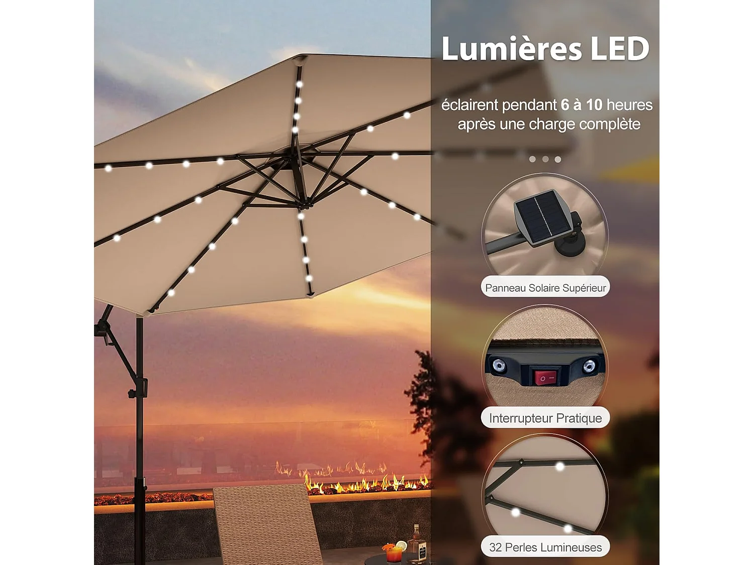 Parasol Déporté Excentré 3M, 32 LED Solaire, Inclinable et Rotation à 360°, 8 Baleines, Base Croisée, Parasol à Manivelle pour Jardin, Terrasse, Bord de Piscine