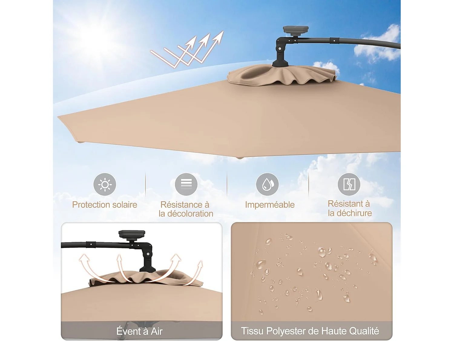 Parasol Déporté Excentré 3M, 32 LED Solaire, Inclinable et Rotation à 360°, 8 Baleines, Base Croisée, Parasol à Manivelle pour Jardin, Terrasse, Bord de Piscine