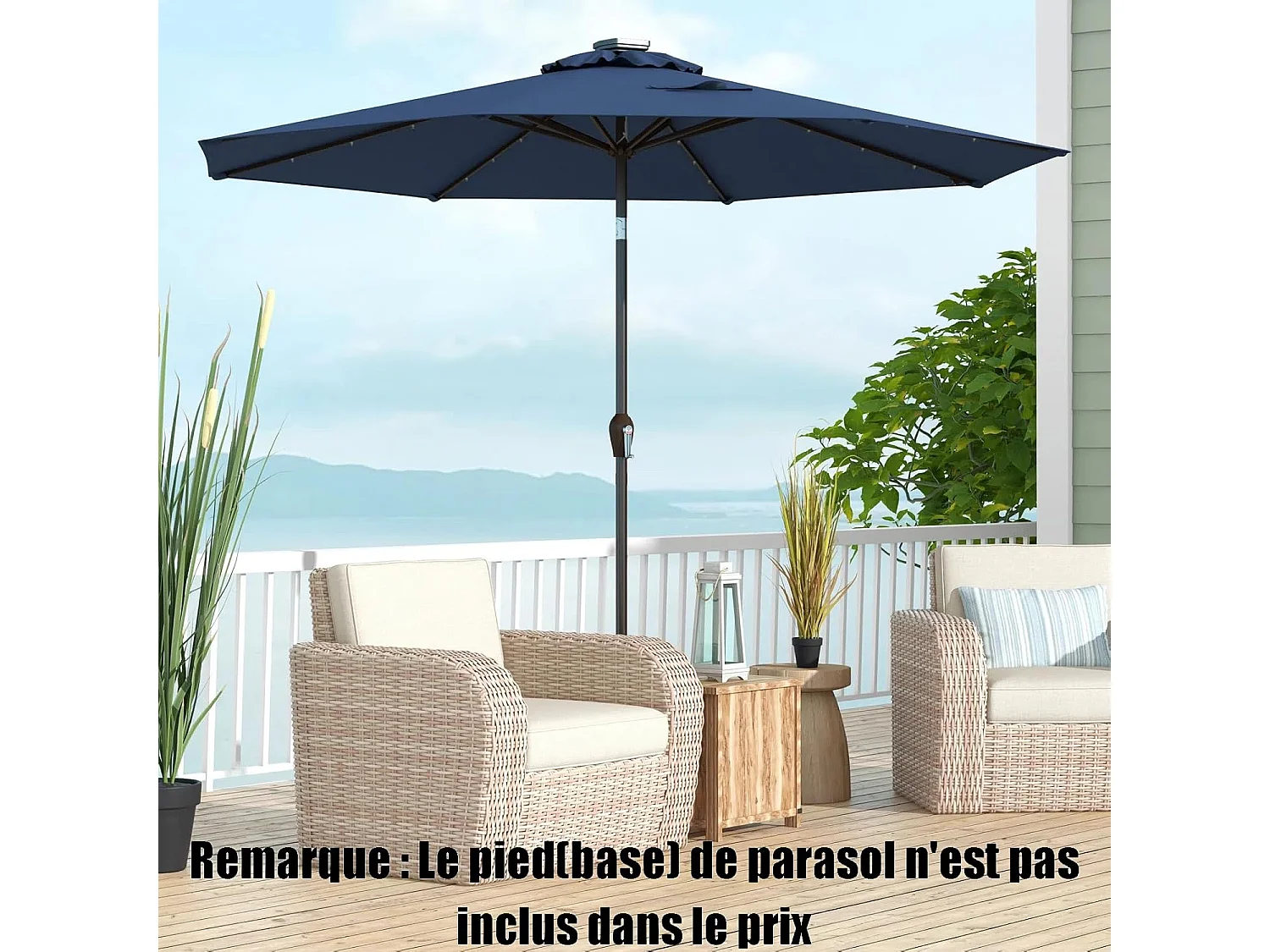 Parasol de Jardin Extérieur Ø 300 CM, Parasol Inclinable Lumineux Solaire avec 24 LED, Parasol Droit avec Manivelle et 8 Baleines Métalliques Robustes, (Bleu Foncé)
