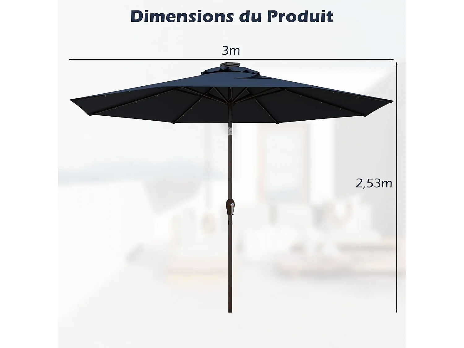 Parasol de Jardin Extérieur Ø 300 CM, Parasol Inclinable Lumineux Solaire avec 24 LED, Parasol Droit avec Manivelle et 8 Baleines Métalliques Robustes, (Bleu Foncé)