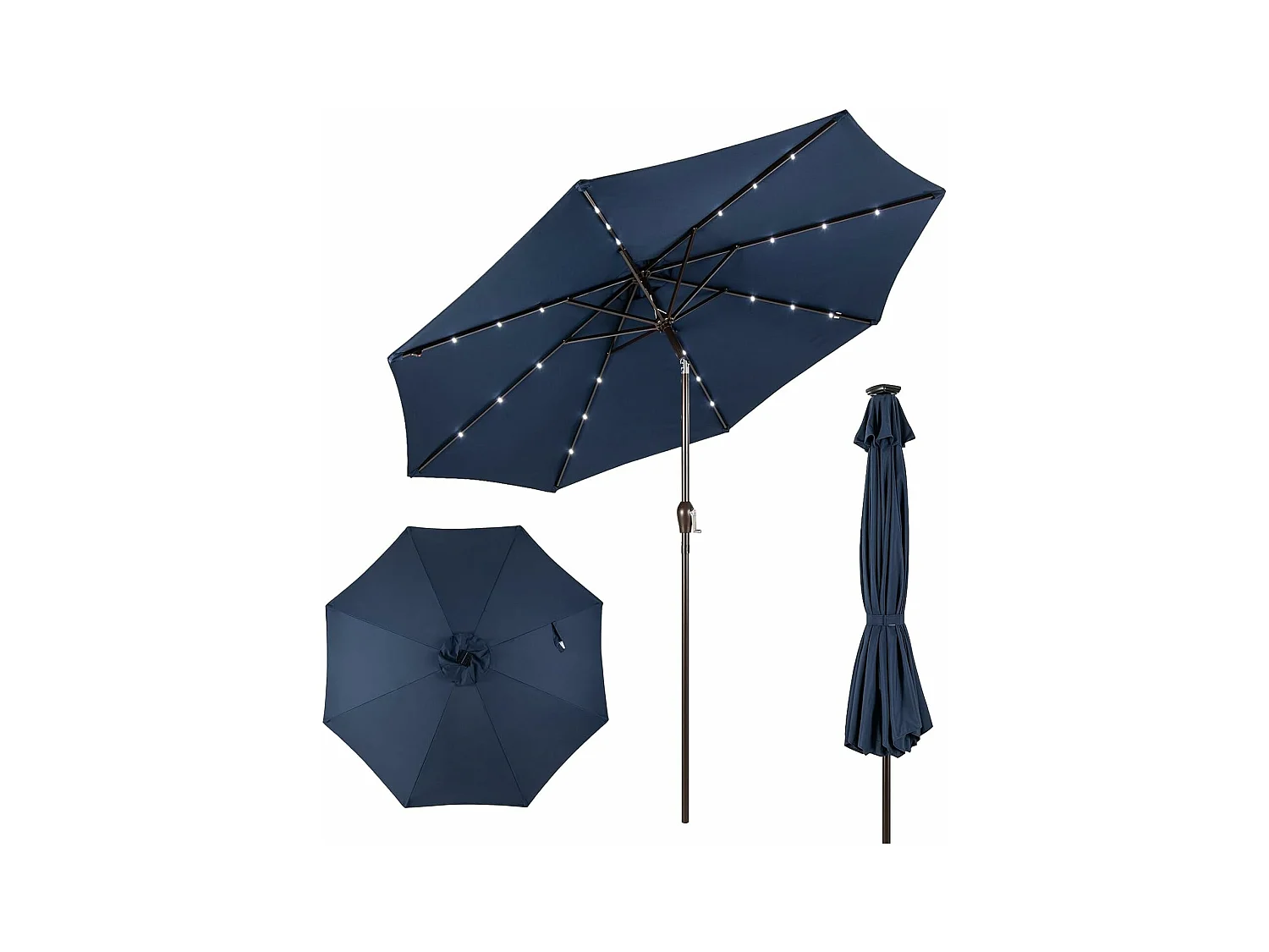 Buitenparasol Ø 300 CM, op ​​zonne-energie verlichte kantelbare parasol met 24 LED's, rechte parasol met slinger en 8 stevige metalen baleinen, (donkerblauw)