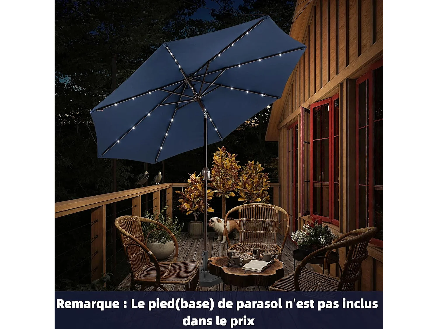 Parasol de Jardin Extérieur Ø 300 CM, Parasol Inclinable Lumineux Solaire avec 24 LED, Parasol Droit avec Manivelle et 8 Baleines Métalliques Robustes, (Bleu Foncé)