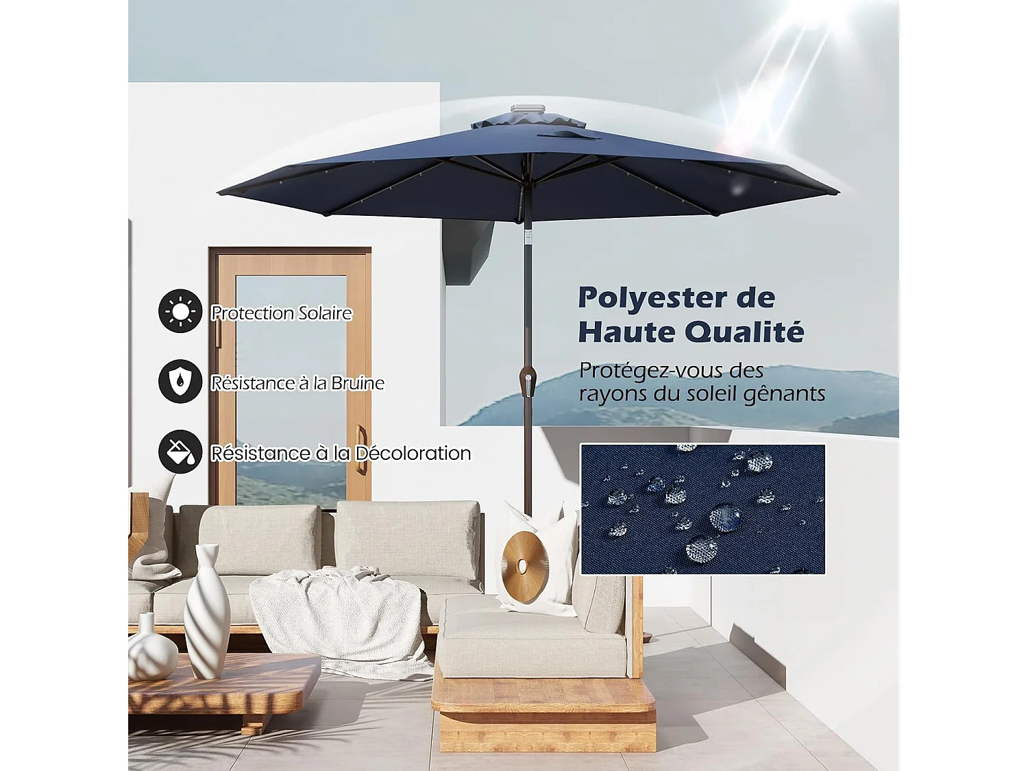 Parasol de Jardin Extérieur Ø 300 CM, Parasol Inclinable Lumineux Solaire avec 24 LED, Parasol Droit avec Manivelle et 8 Baleines Métalliques Robustes, (Bleu Foncé)