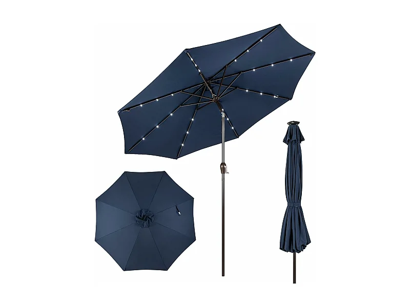 Parasol de Jardin Extérieur Ø 300 CM, Parasol Inclinable Lumineux Solaire avec 24 LED, Parasol Droit avec Manivelle et 8 Baleines Métalliques Robustes, (Bleu Foncé)