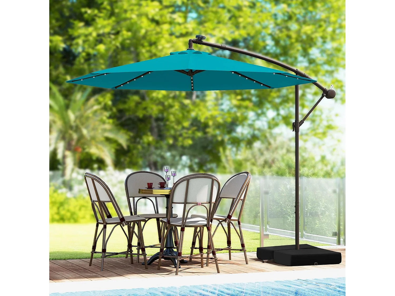 Parasol Déporté 3 x 3M, Grand Parasol de Jardin Extérieur Lumineux Solaire avec 2 Sacs de Sable, Base Croisée, Parasol Inclinable avec Manivelle (Bleu Clair)