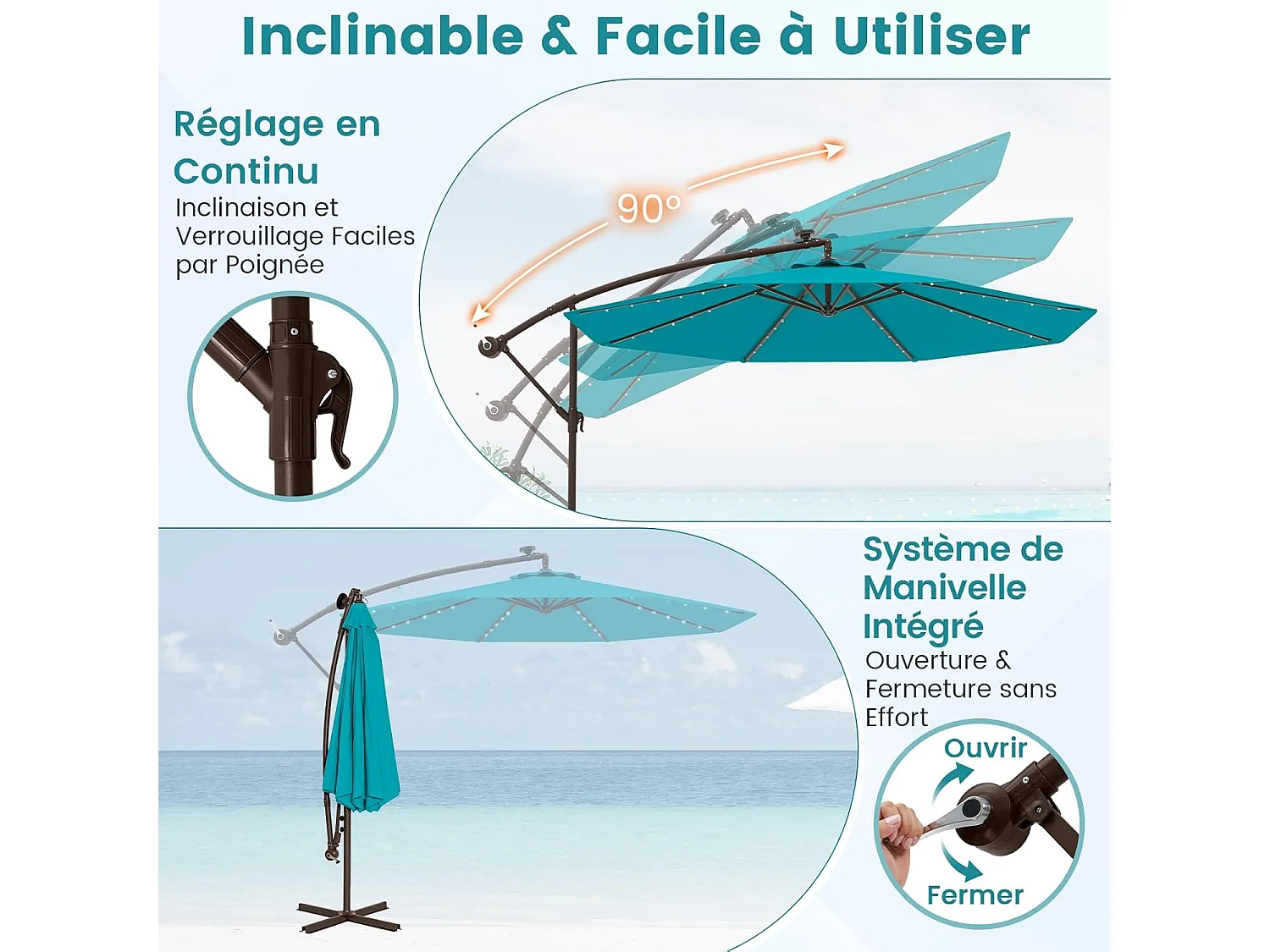Parasol Déporté 3 x 3M, Grand Parasol de Jardin Extérieur Lumineux Solaire avec 2 Sacs de Sable, Base Croisée, Parasol Inclinable avec Manivelle (Bleu Clair)