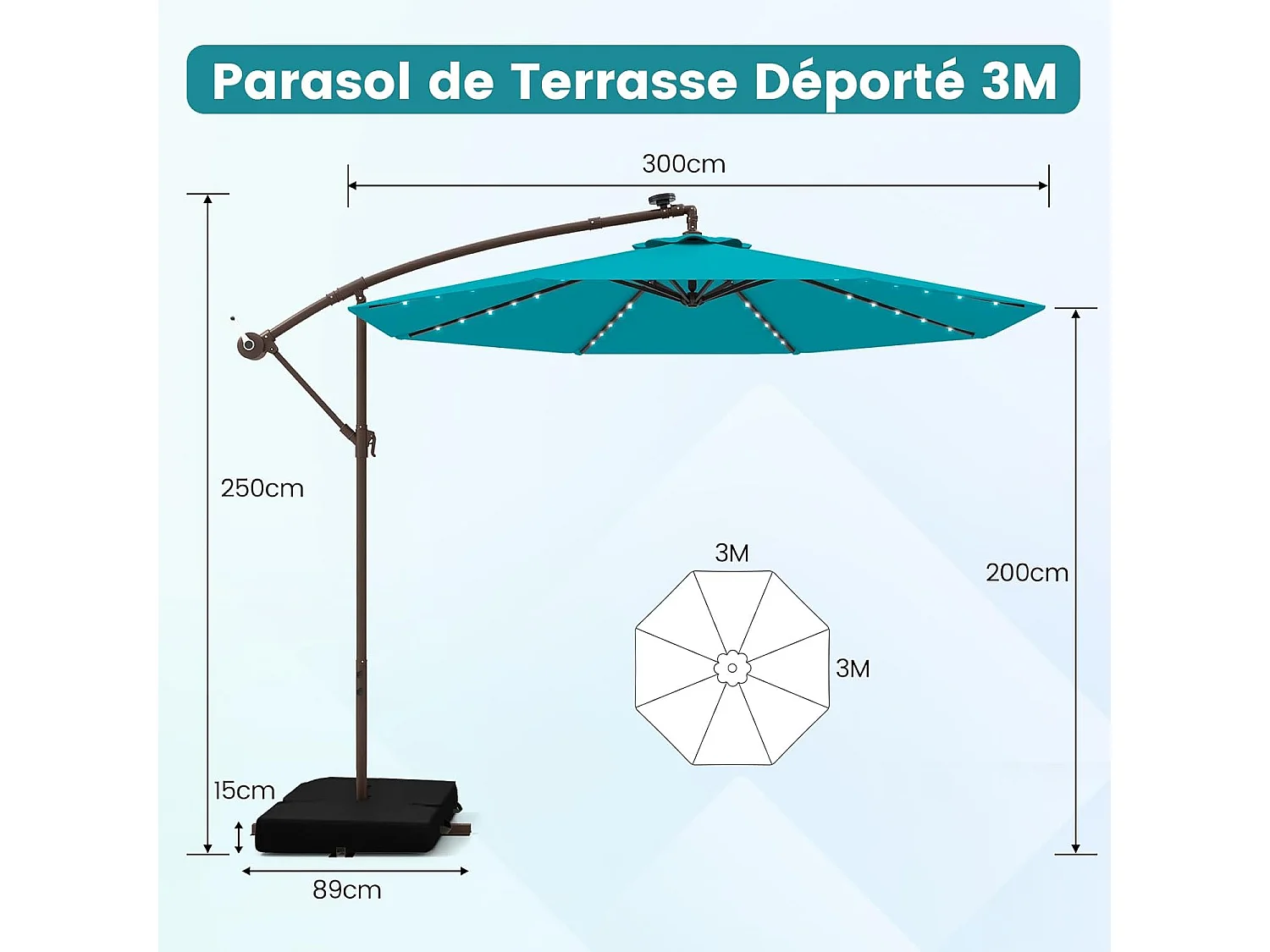 Parasol Déporté 3 x 3M, Grand Parasol de Jardin Extérieur Lumineux Solaire avec 2 Sacs de Sable, Base Croisée, Parasol Inclinable avec Manivelle (Bleu Clair)