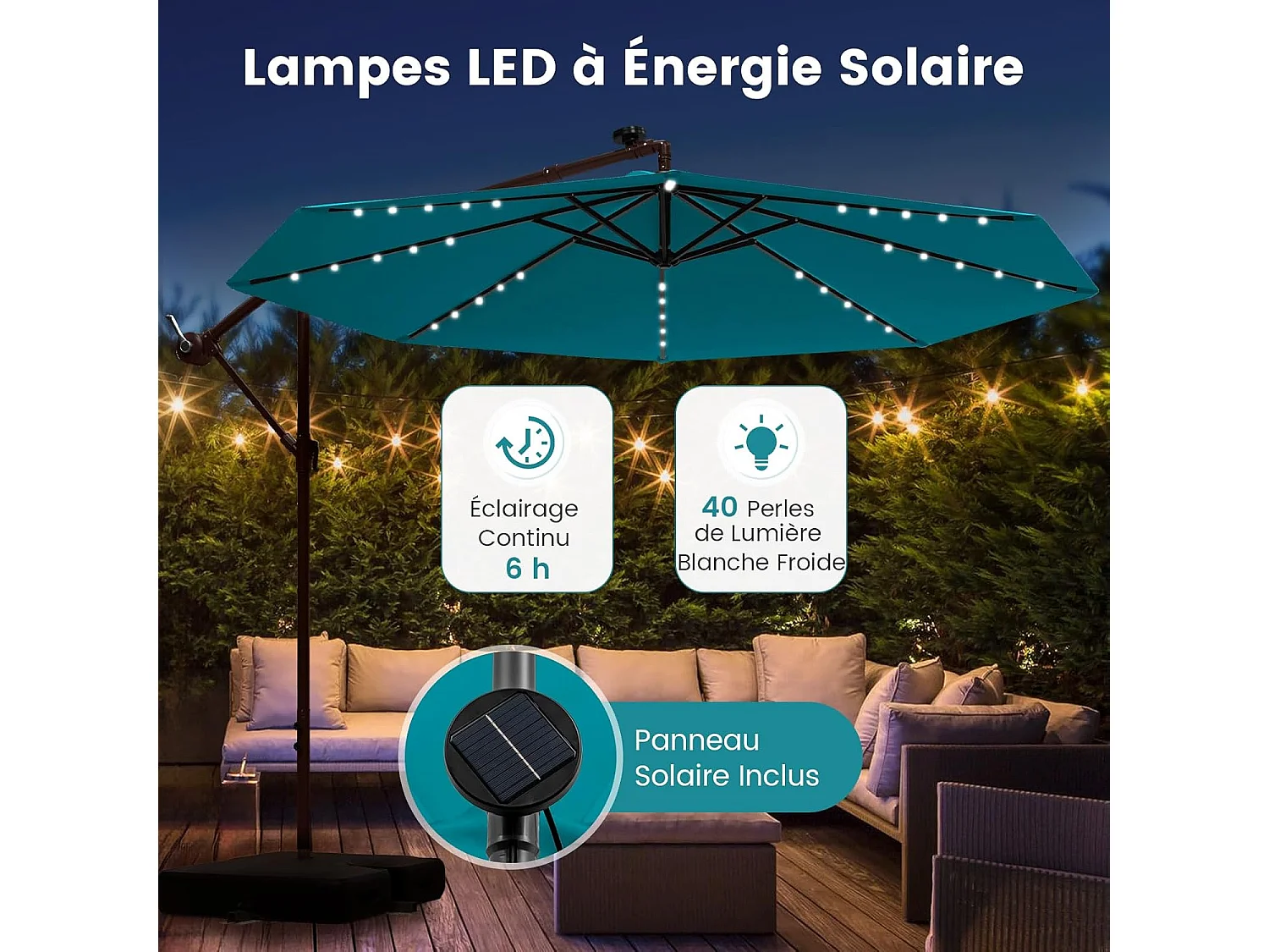Parasol Déporté 3 x 3M, Grand Parasol de Jardin Extérieur Lumineux Solaire avec 2 Sacs de Sable, Base Croisée, Parasol Inclinable avec Manivelle (Bleu Clair)
