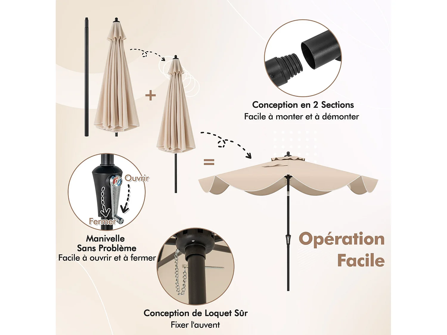 Parasol de Patio 270 cm avec Manivelle, Inclinaison par Bouton-Poussoir, Parasol de Marché à Double Toit avec Canopée Protectrice UV, 8 Côtes (Style 2,Beige)
