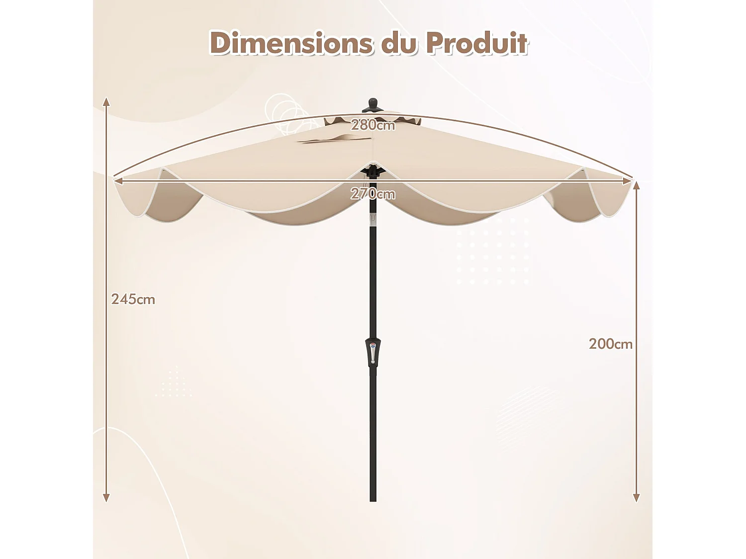 Parasol de Patio 270 cm avec Manivelle, Inclinaison par Bouton-Poussoir, Parasol de Marché à Double Toit avec Canopée Protectrice UV, 8 Côtes (Style 2,Beige)