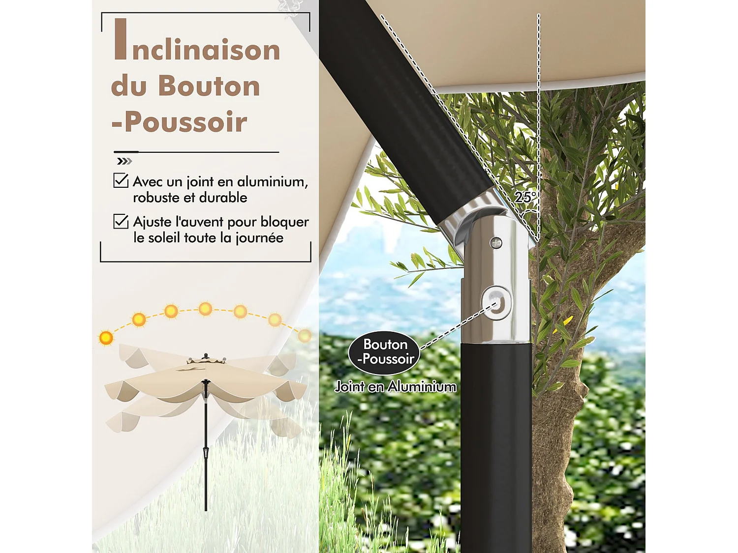 Parasol de Patio 270 cm avec Manivelle, Inclinaison par Bouton-Poussoir, Parasol de Marché à Double Toit avec Canopée Protectrice UV, 8 Côtes (Style 2,Beige)