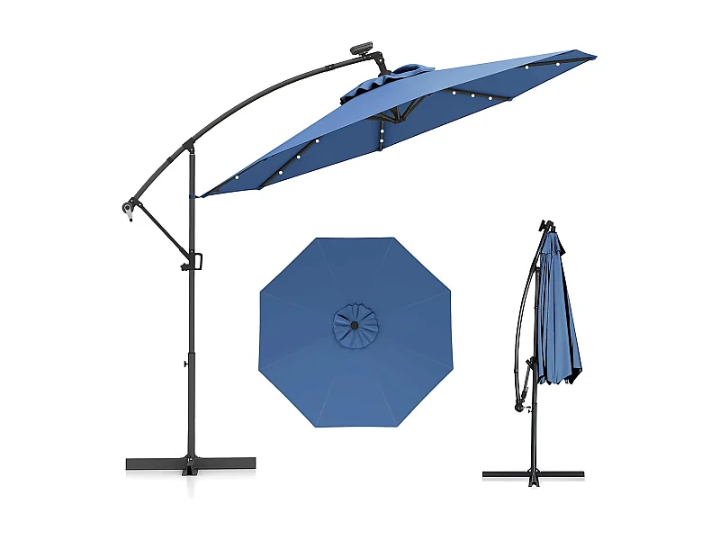 3M Offset Cantilever Parasol, 32 LED Solar Lampen, Kantelbaar en Roteerbaar 360°, 8 Baleinen, Kruisvoet, Zwengel Parasol voor Tuin, Blauw