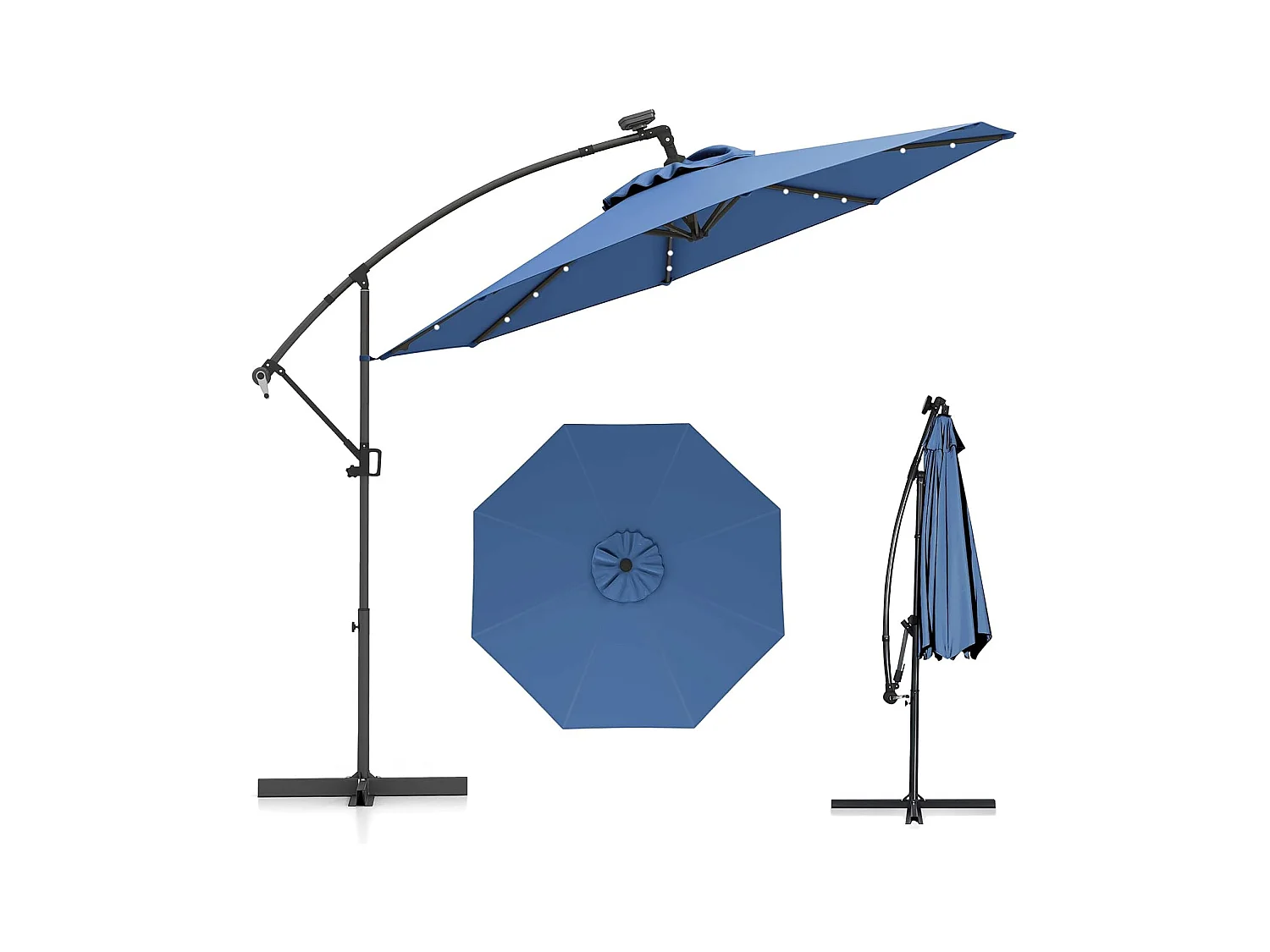 Parasol Déporté Excentré 3M, 32 LED Solaire, Inclinable et Rotation à 360°, 8 Baleines, Base Croisée, Parasol à Manivelle pour Jardin, Bleu