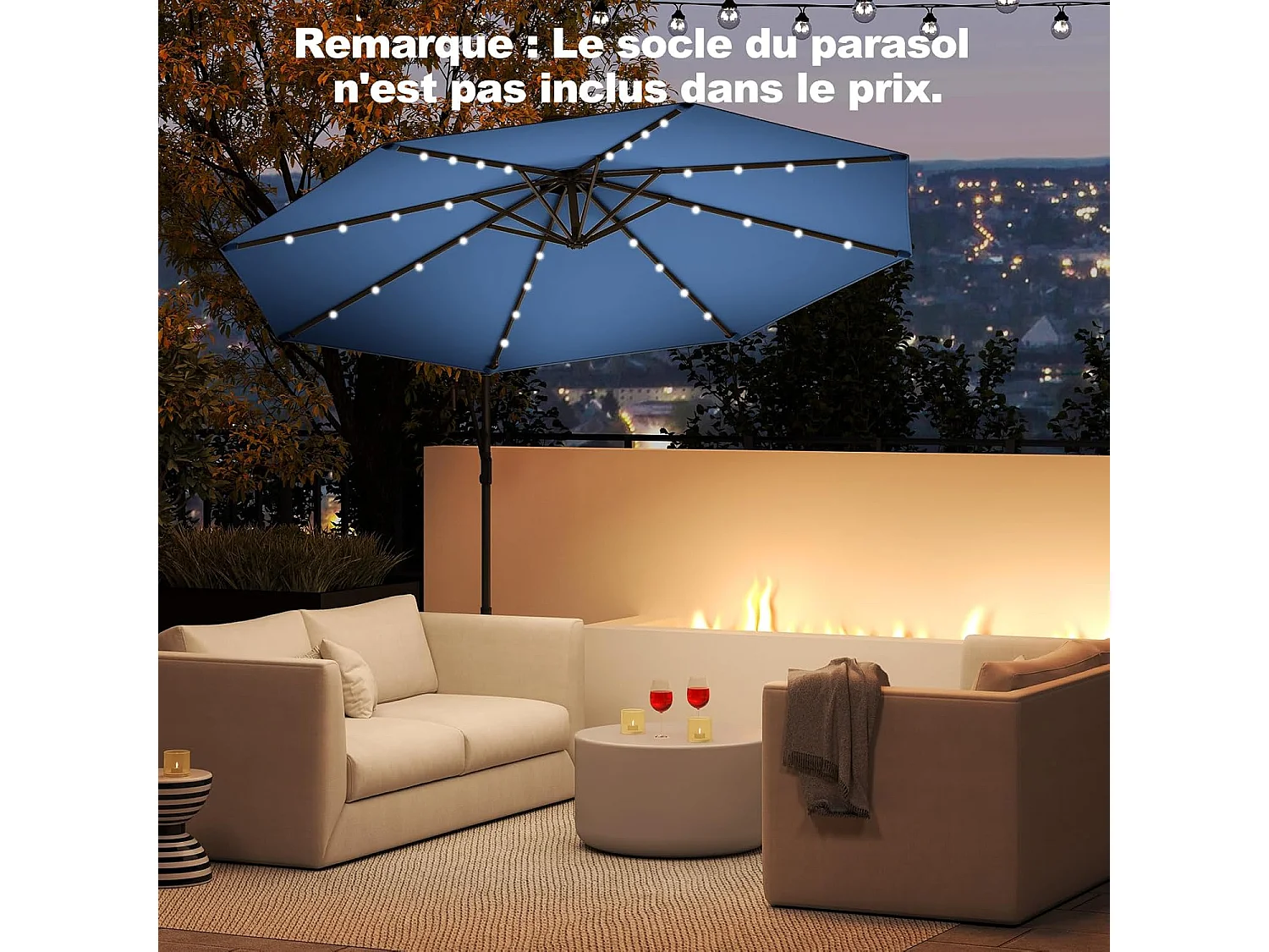 Parasol Déporté Excentré 3M, 32 LED Solaire, Inclinable et Rotation à 360°, 8 Baleines, Base Croisée, Parasol à Manivelle pour Jardin, Bleu
