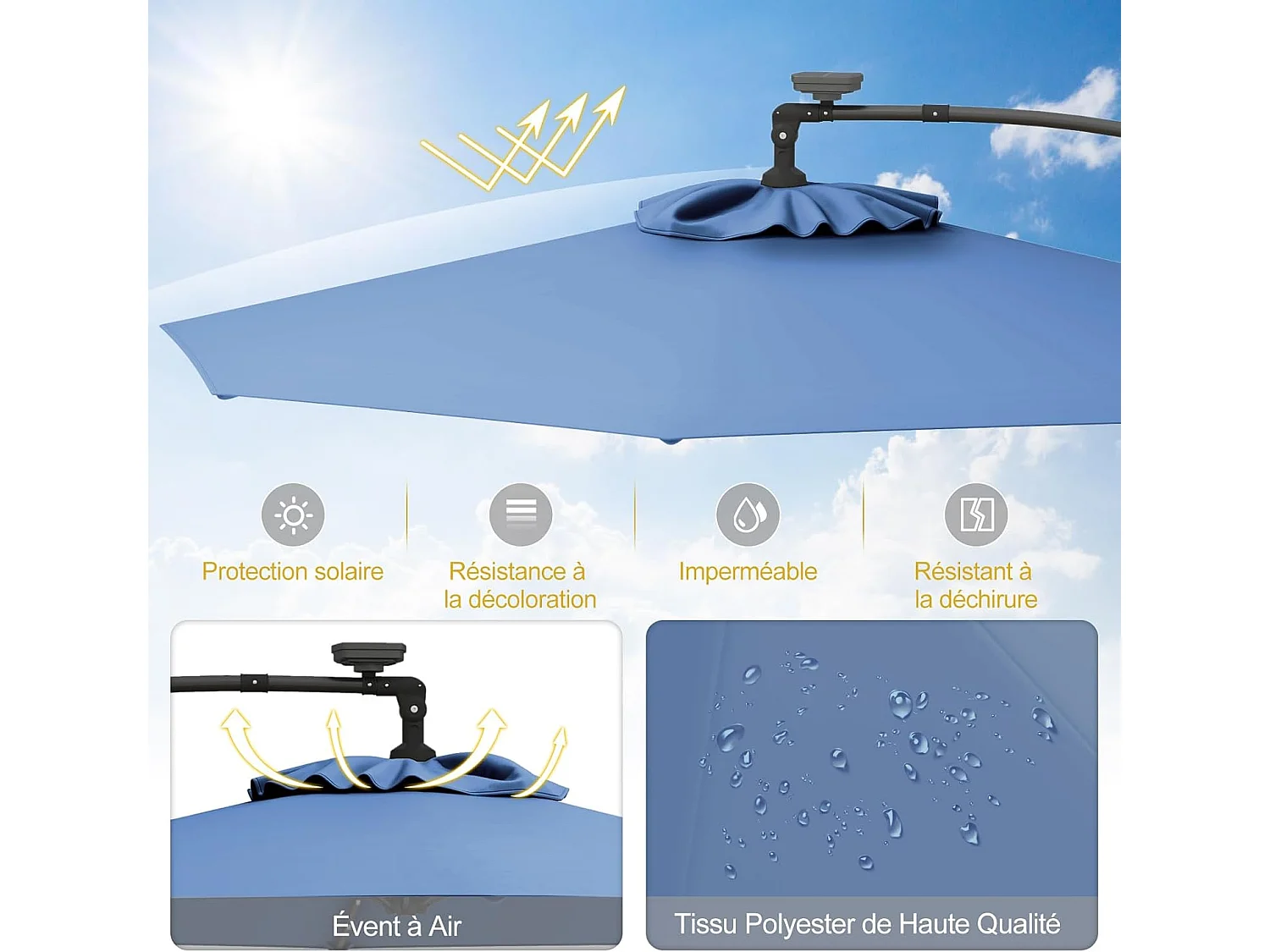 Parasol Déporté Excentré 3M, 32 LED Solaire, Inclinable et Rotation à 360°, 8 Baleines, Base Croisée, Parasol à Manivelle pour Jardin, Bleu