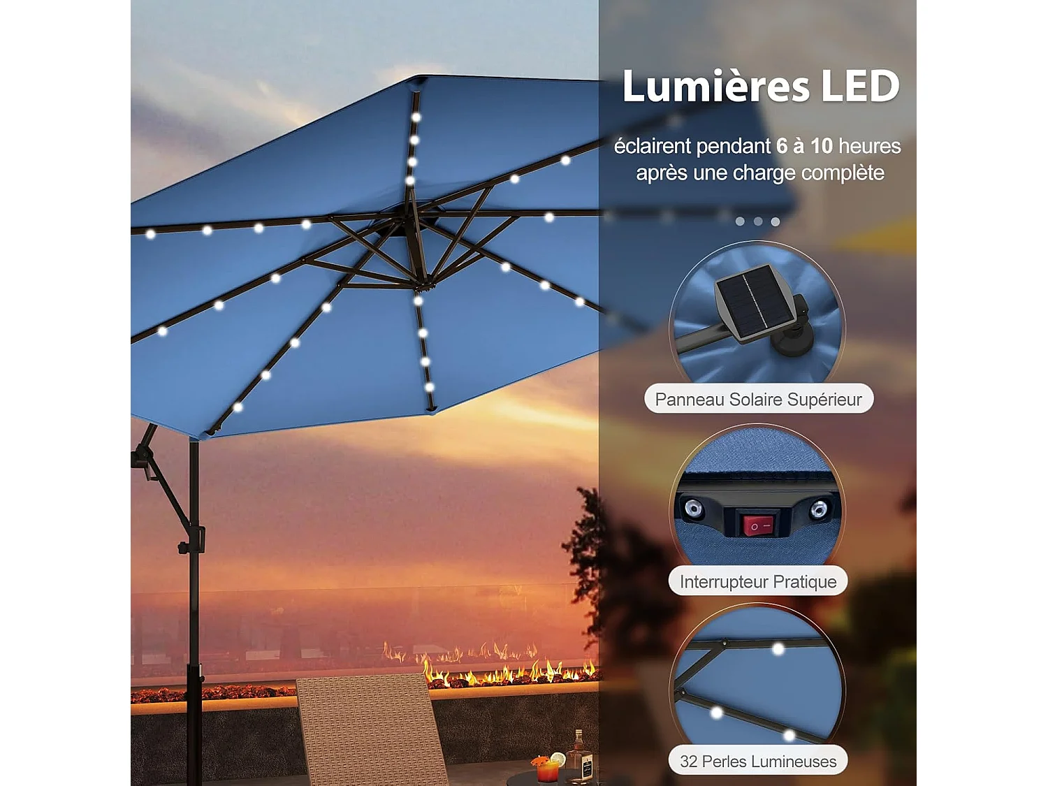 Parasol Déporté Excentré 3M, 32 LED Solaire, Inclinable et Rotation à 360°, 8 Baleines, Base Croisée, Parasol à Manivelle pour Jardin, Bleu