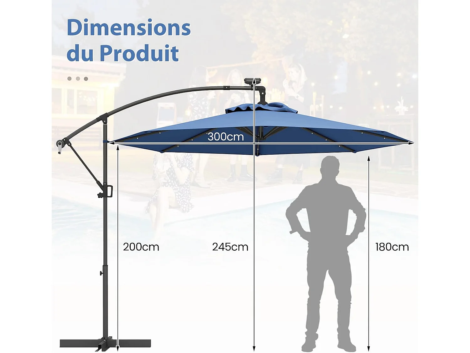 Parasol Déporté Excentré 3M, 32 LED Solaire, Inclinable et Rotation à 360°, 8 Baleines, Base Croisée, Parasol à Manivelle pour Jardin, Bleu