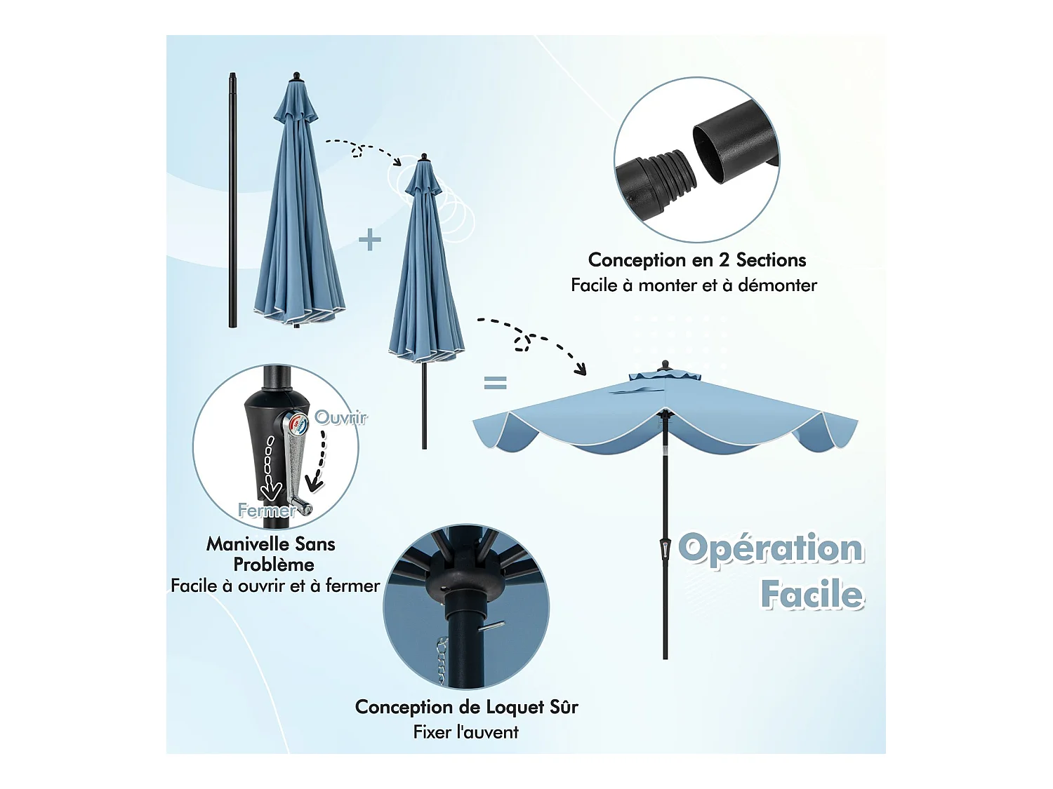 Parasol de Patio 270 cm avec Manivelle, Inclinaison par Bouton-Poussoir, Parasol de Marché à Double Toit avec Canopée Protectrice UV, 8 Côtes (Style 2,Marine)