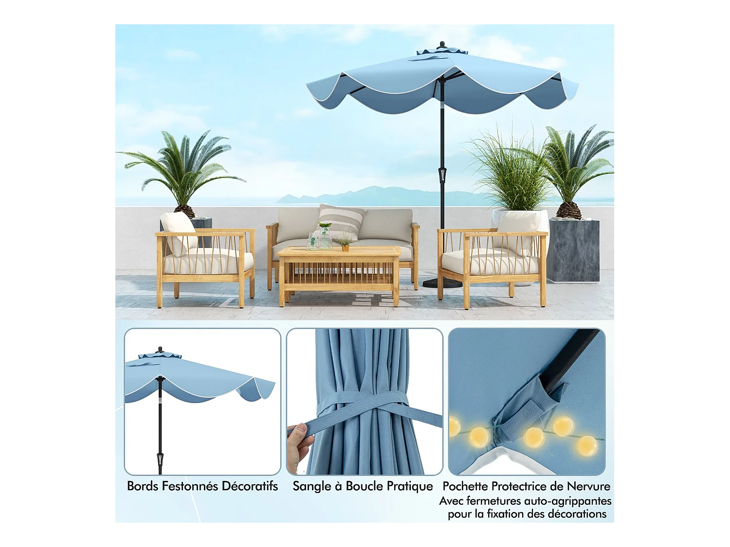 Parasol de Patio 270 cm avec Manivelle, Inclinaison par Bouton-Poussoir, Parasol de Marché à Double Toit avec Canopée Protectrice UV, 8 Côtes (Style 2,Marine)