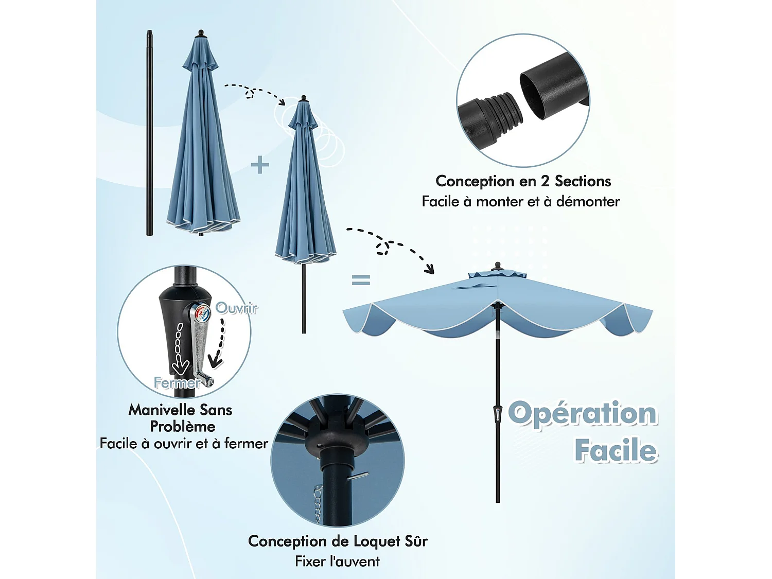 Parasol de Patio 270 cm avec Manivelle, Inclinaison par Bouton-Poussoir, Parasol de Marché à Double Toit avec Canopée Protectrice UV, 8 Côtes (Style 2,Marine)