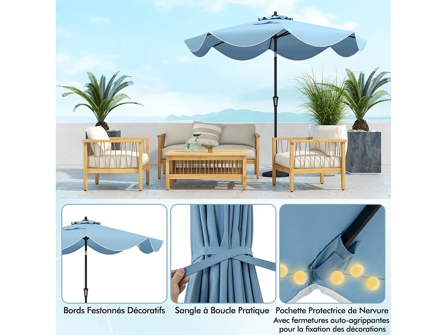 Parasol de Patio 270 cm avec Manivelle, Inclinaison par Bouton-Poussoir, Parasol de Marché à Double Toit avec Canopée Protectrice UV, 8 Côtes (Style 2,Marine)