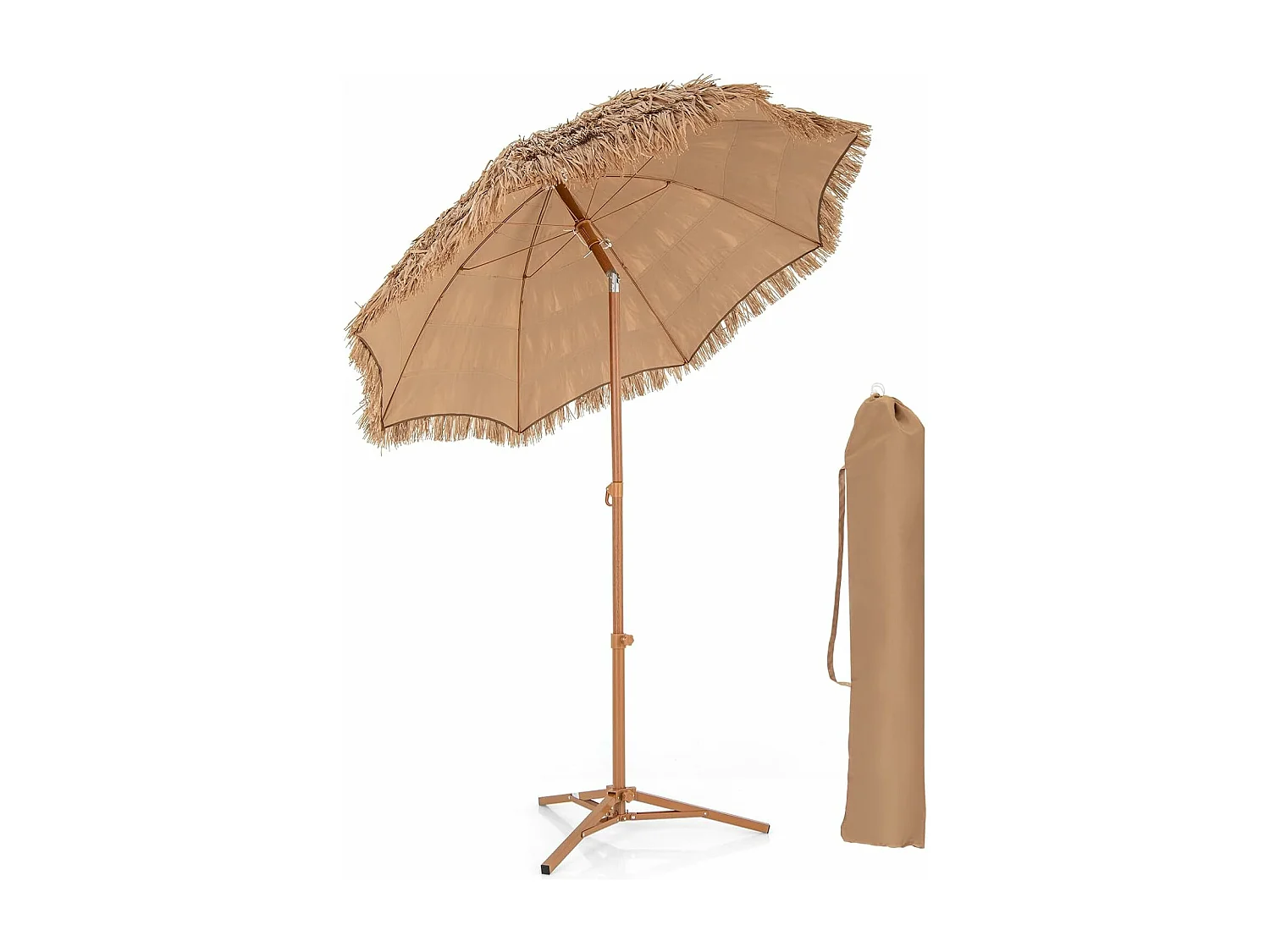 175 cm Parasol avec Pied Pliant, Parasol de Plage Style Hawaïen avec Inclinaison à Bouton-Poussoir, Sac de Transport, Parasol Portable