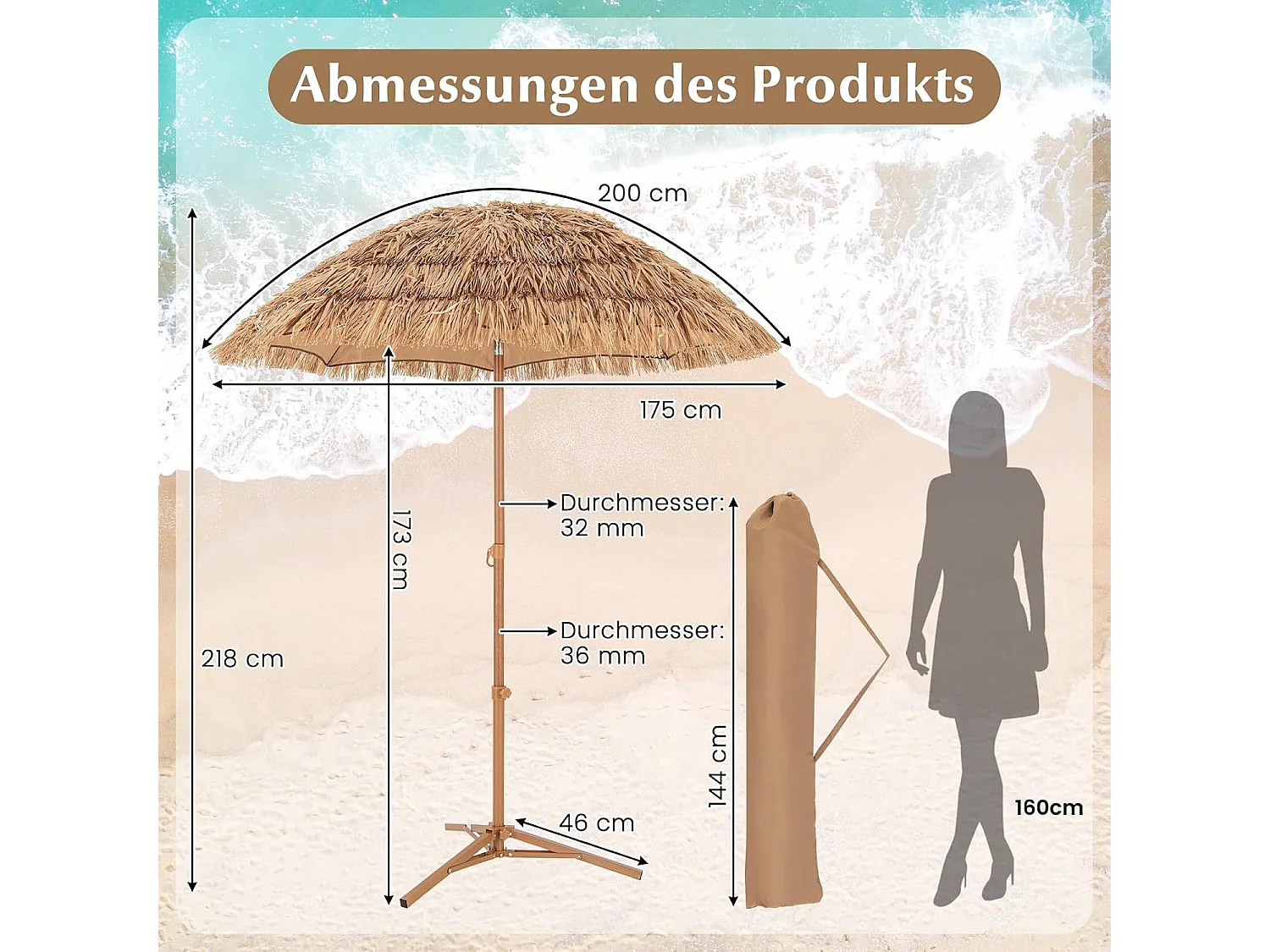 175 cm Parasol avec Pied Pliant, Parasol de Plage Style Hawaïen avec Inclinaison à Bouton-Poussoir, Sac de Transport, Parasol Portable