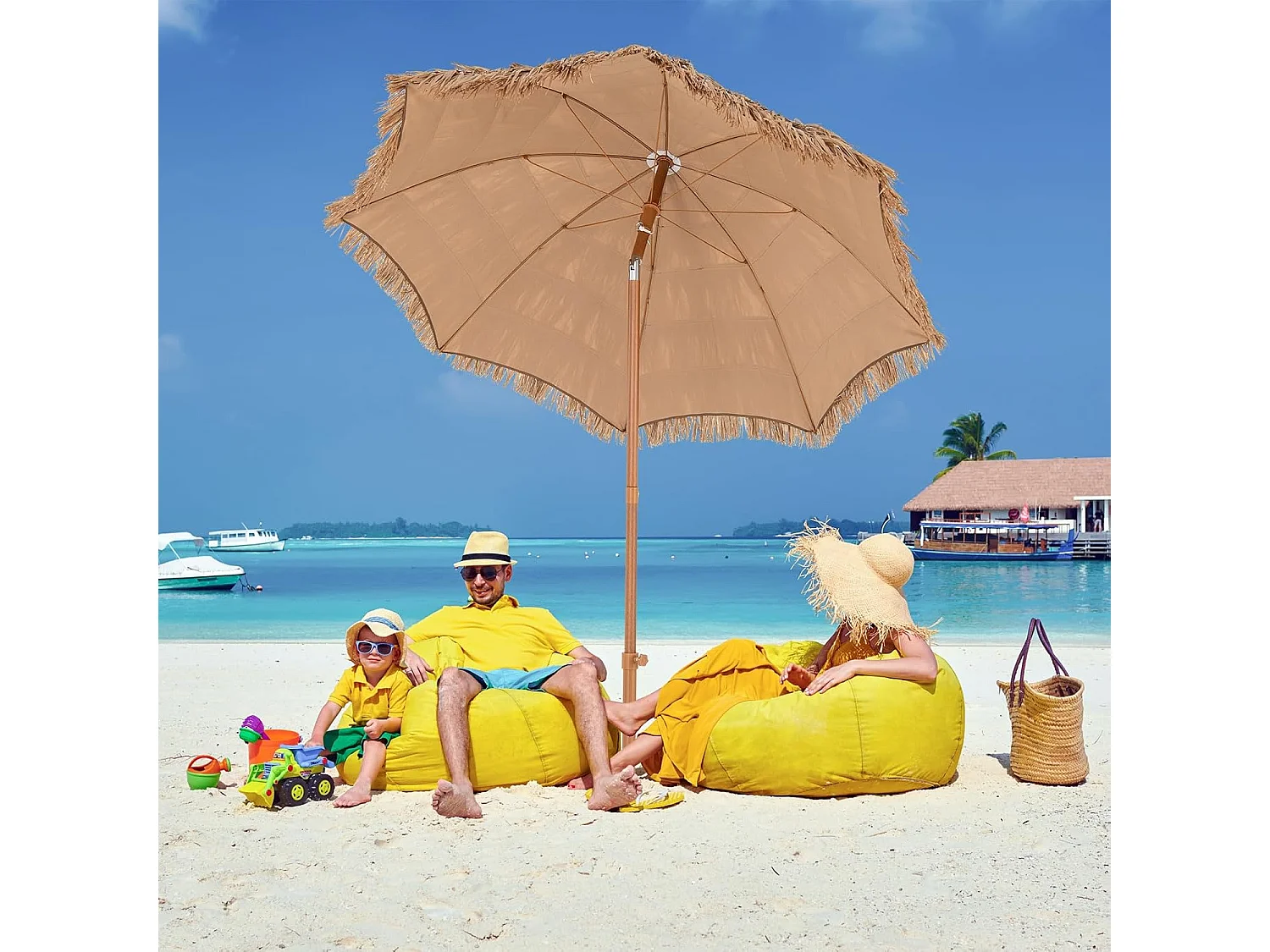 175 cm Parasol avec Pied Pliant, Parasol de Plage Style Hawaïen avec Inclinaison à Bouton-Poussoir, Sac de Transport, Parasol Portable