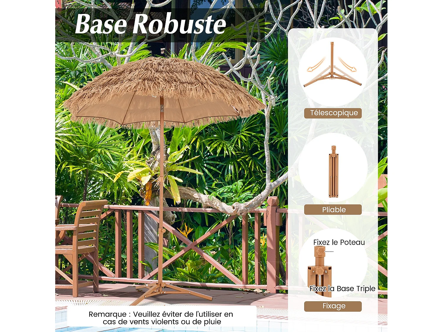 175 cm Parasol avec Pied Pliant, Parasol de Plage Style Hawaïen avec Inclinaison à Bouton-Poussoir, Sac de Transport, Parasol Portable