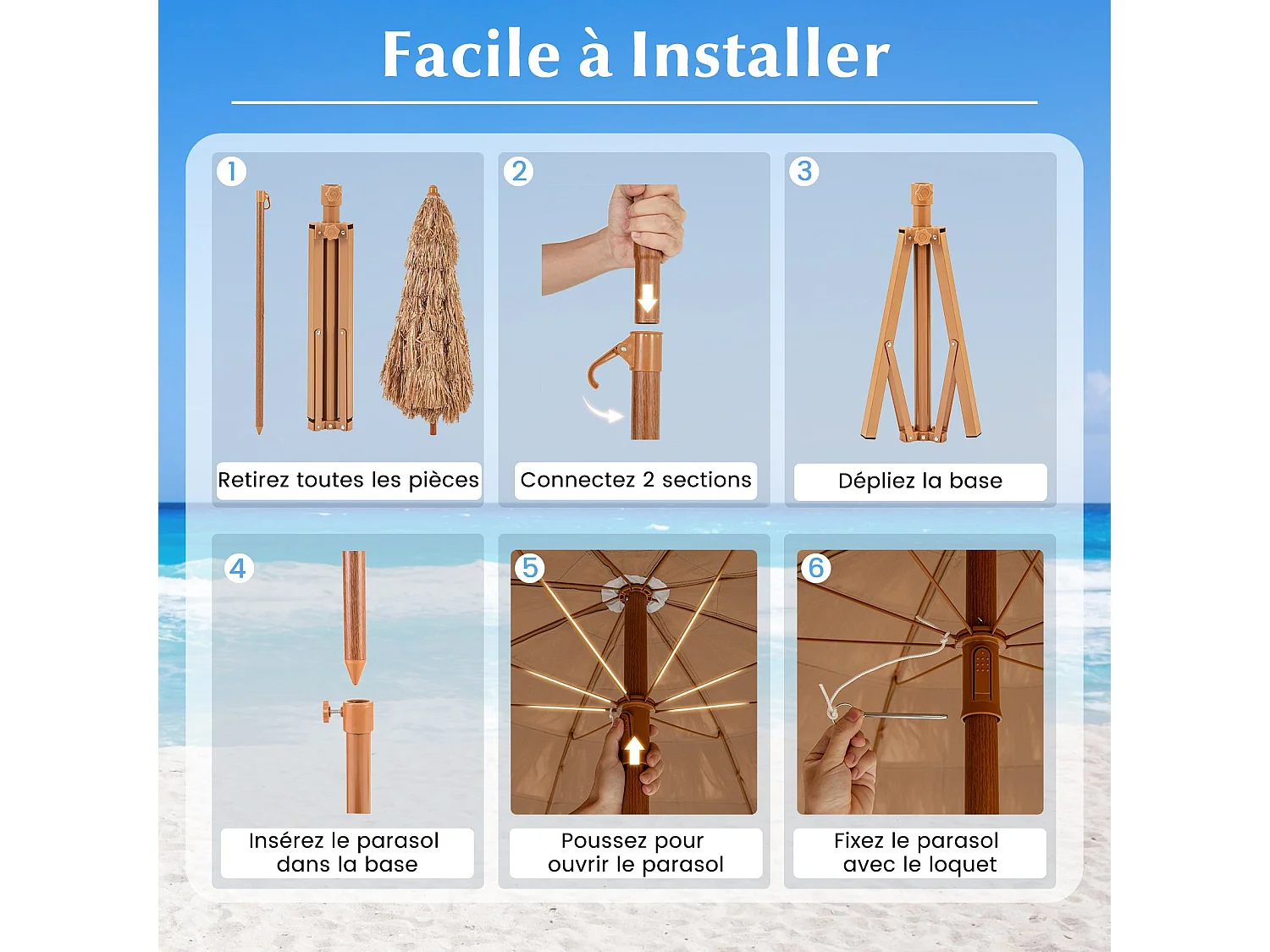 175 cm Parasol avec Pied Pliant, Parasol de Plage Style Hawaïen avec Inclinaison à Bouton-Poussoir, Sac de Transport, Parasol Portable