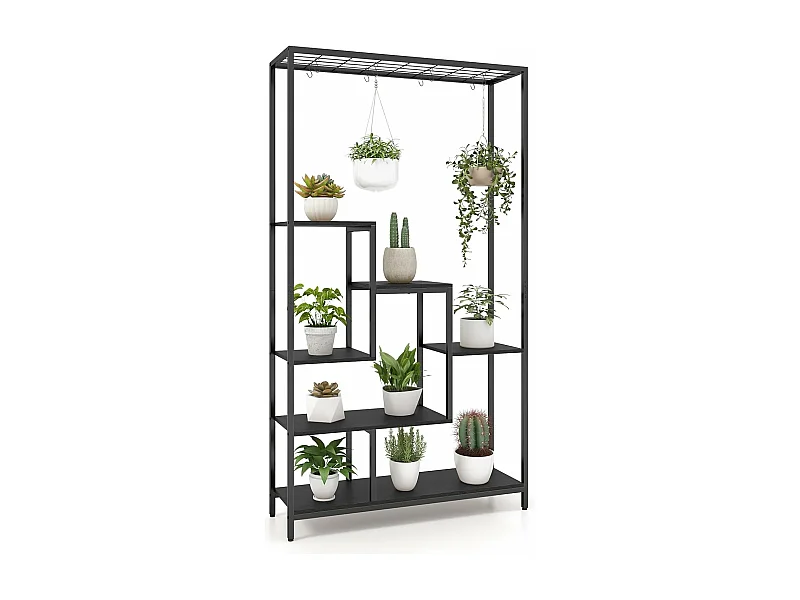 Support pour Plantes en Métal à 6 Niveaux, Étagère de Plantes Dispositif Anti-basculement avec 10 Crochets, Charge de Chaque Niveau 10KG, 100 x 30 x 180 cm (Noir)