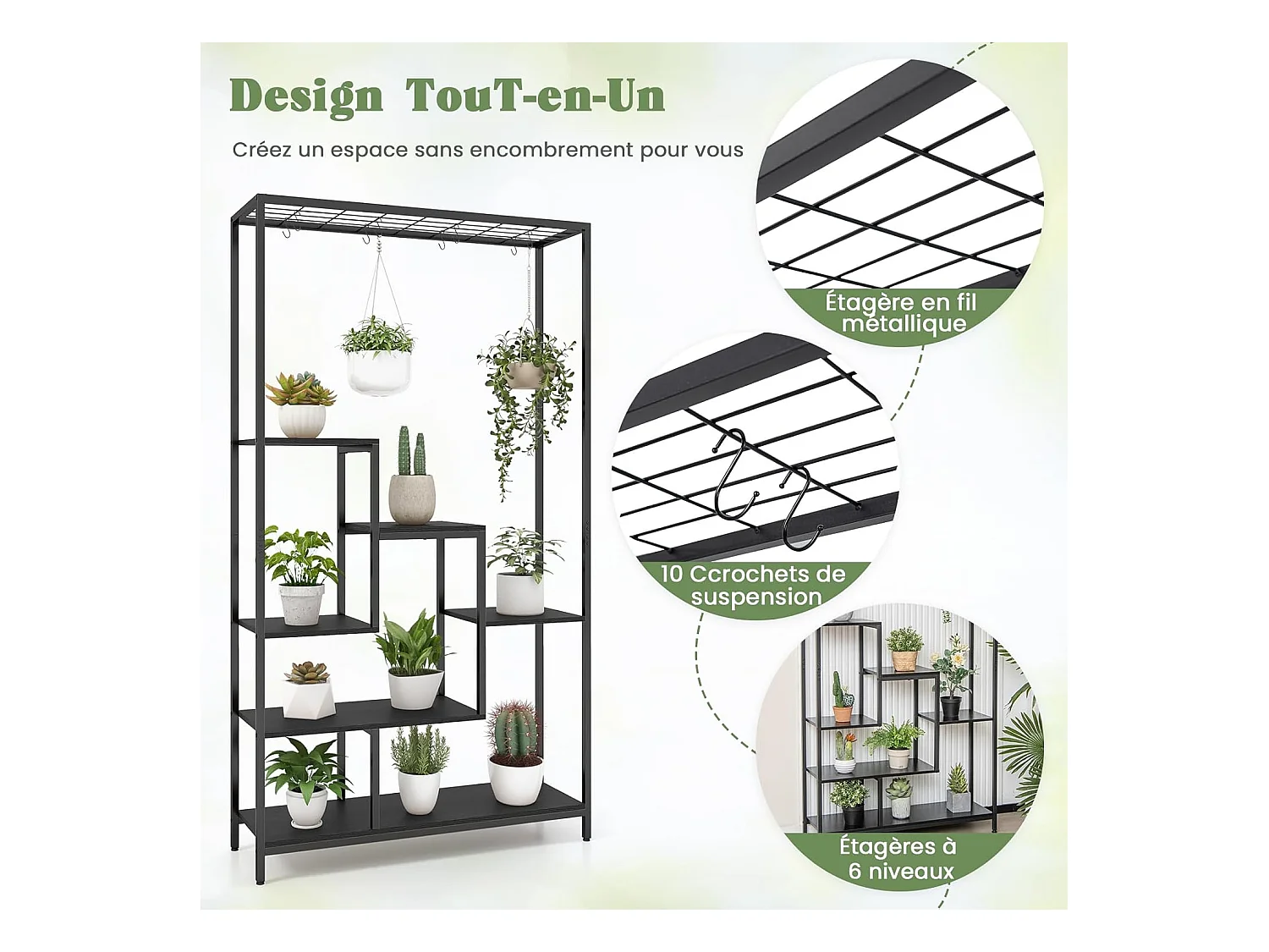 Support pour Plantes en Métal à 6 Niveaux, Étagère de Plantes Dispositif Anti-basculement avec 10 Crochets, Charge de Chaque Niveau 10KG, 100 x 30 x 180 cm (Noir)