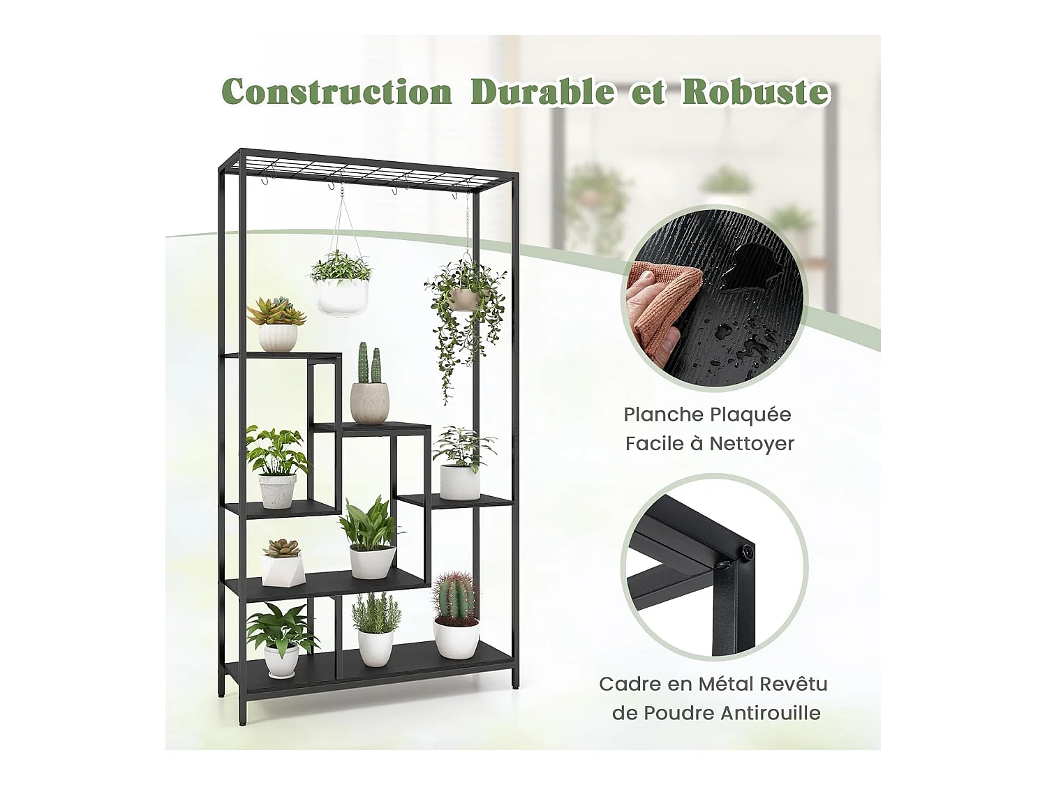 Support pour Plantes en Métal à 6 Niveaux, Étagère de Plantes Dispositif Anti-basculement avec 10 Crochets, Charge de Chaque Niveau 10KG, 100 x 30 x 180 cm (Noir)