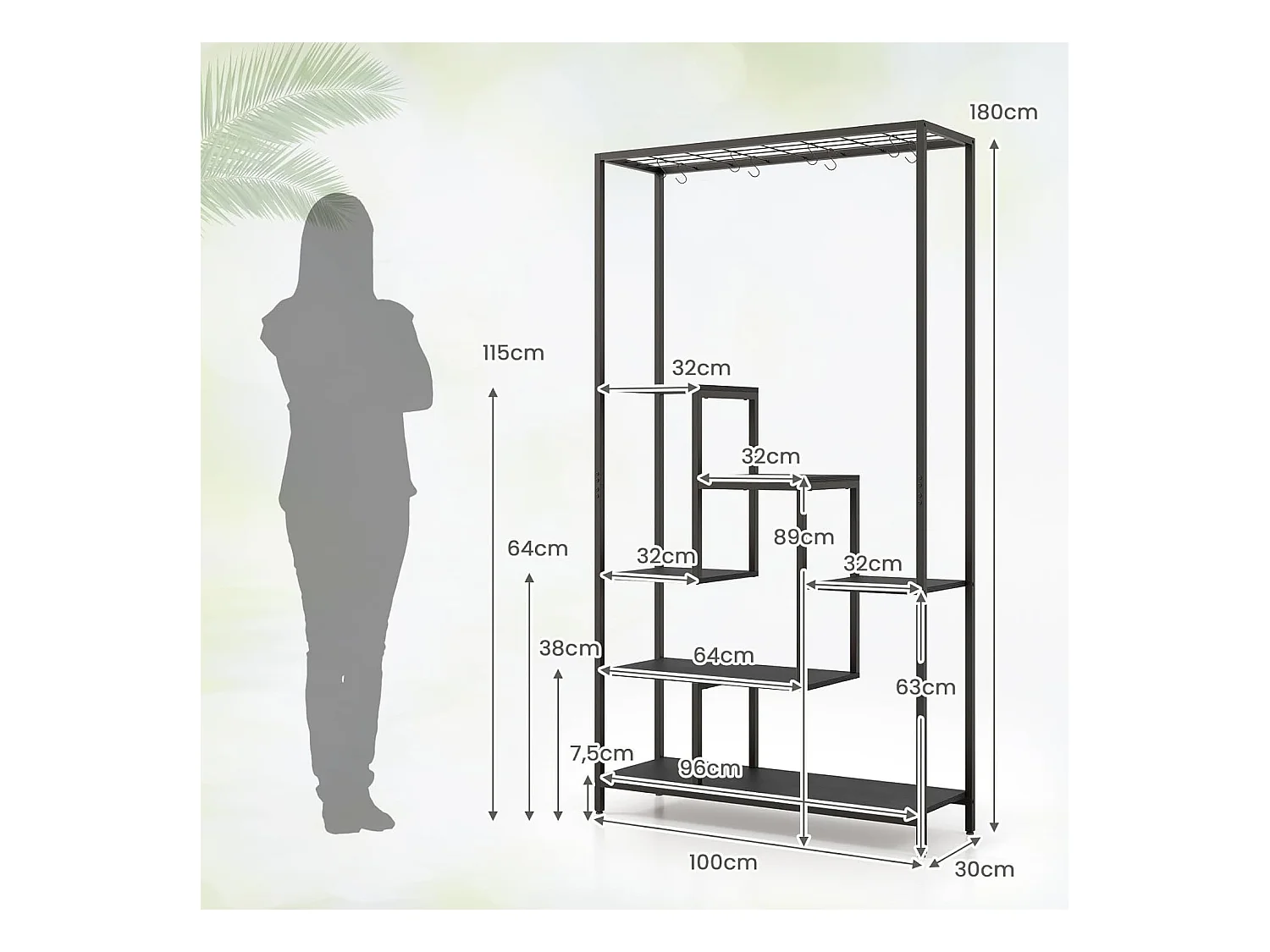 Support pour Plantes en Métal à 6 Niveaux, Étagère de Plantes Dispositif Anti-basculement avec 10 Crochets, Charge de Chaque Niveau 10KG, 100 x 30 x 180 cm (Noir)