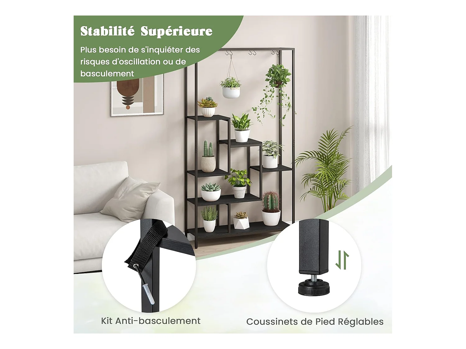 Support pour Plantes en Métal à 6 Niveaux, Étagère de Plantes Dispositif Anti-basculement avec 10 Crochets, Charge de Chaque Niveau 10KG, 100 x 30 x 180 cm (Noir)
