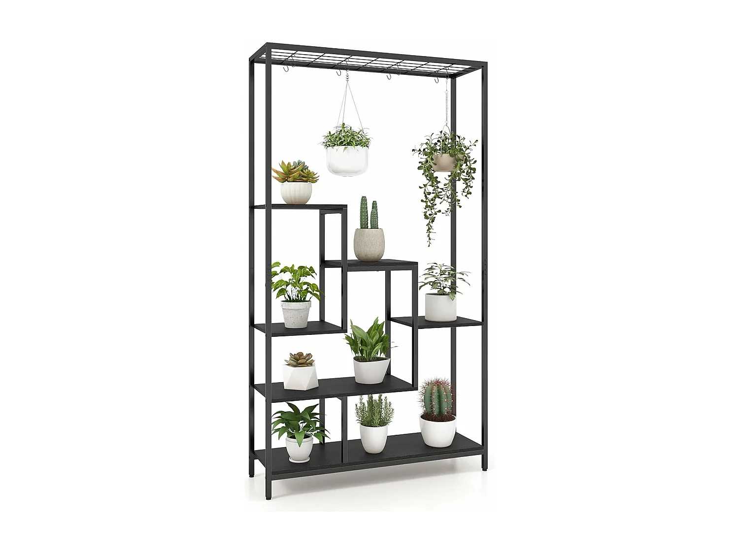 Support pour Plantes en Métal à 6 Niveaux, Étagère de Plantes Dispositif Anti-basculement avec 10 Crochets, Charge de Chaque Niveau 10KG, 100 x 30 x 180 cm (Noir)