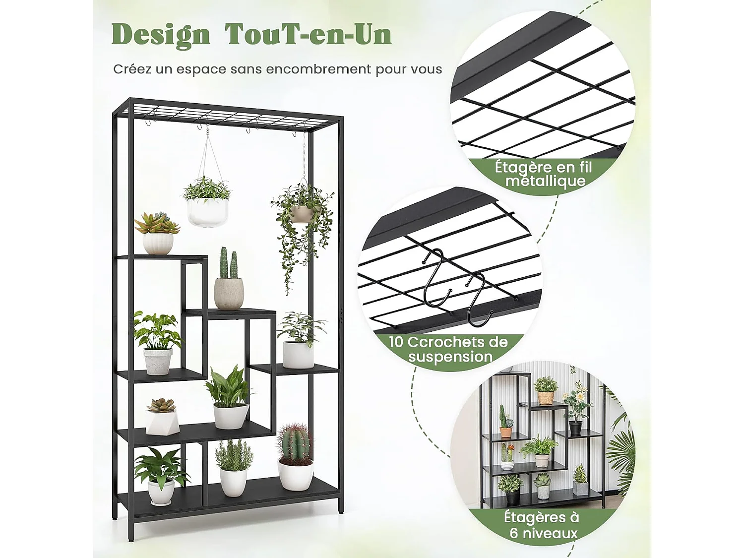 Support pour Plantes en Métal à 6 Niveaux, Étagère de Plantes Dispositif Anti-basculement avec 10 Crochets, Charge de Chaque Niveau 10KG, 100 x 30 x 180 cm (Noir)